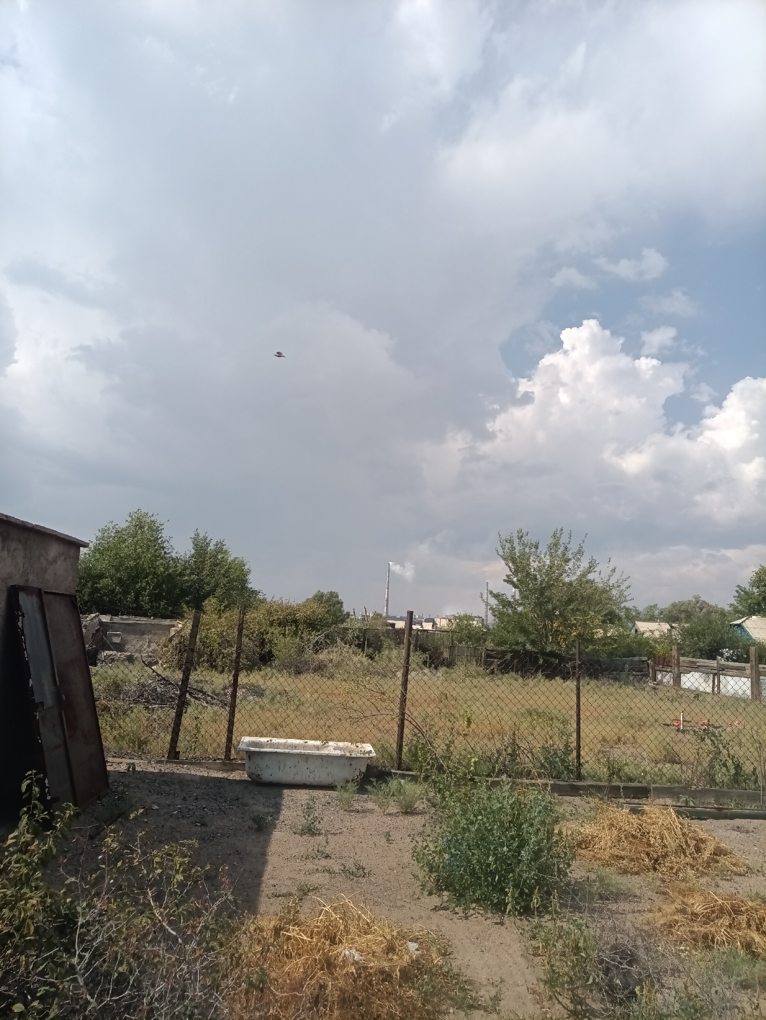 In Balqaş, Kazakhstan, this image depicts an outdoor scene with a cloudy sky. In the foreground, a weathered bathtub sits on the dusty ground, surrounded by dry grass and sparse vegetation. A chain-link fence separates this area from a yard containing more dry grass and bushes. Behind the fence, trees and a dilapidated structure are visible. In the distance, industrial chimneys rise against the sky. A bird is visible in flight high in the sky.