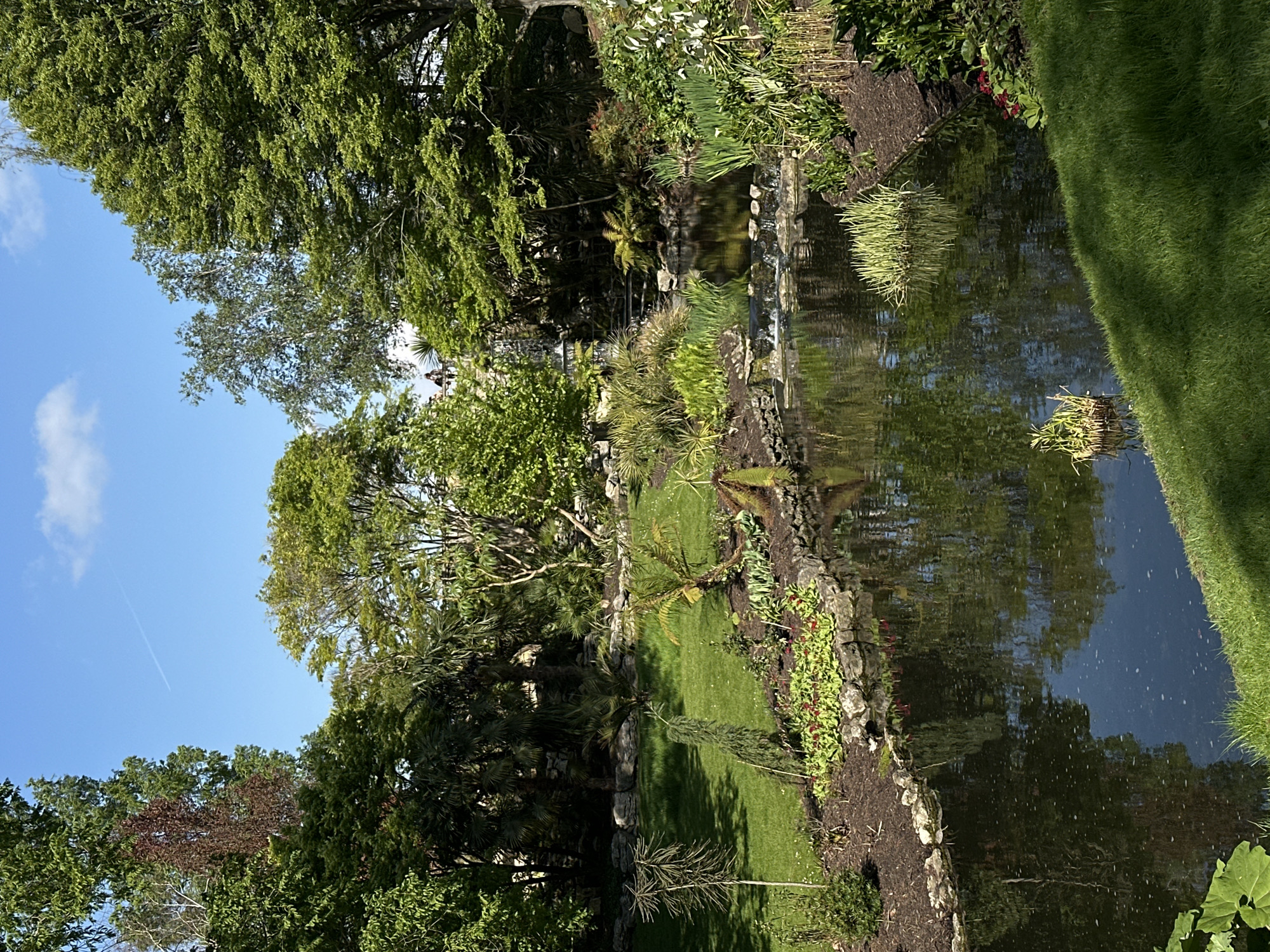 This image shows a garden in London, United Kingdom. The scene includes a body of water, likely a pond or stream, reflecting the surrounding trees and sky. Lush greenery is prevalent, with various types of trees, shrubs, and grass covering the landscape. The scene appears to be a well-maintained outdoor space. There are no people visible in the scene.