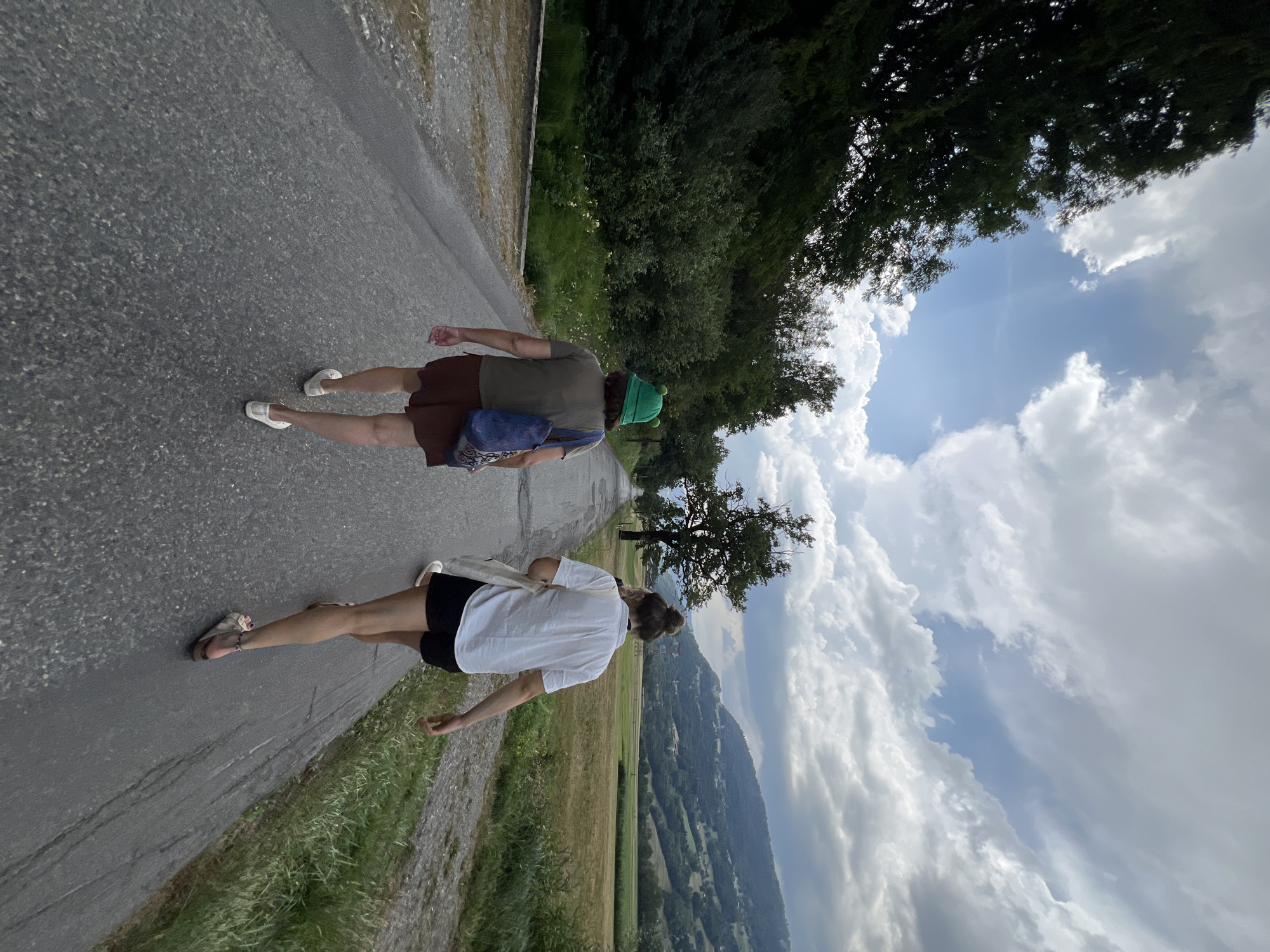 Two individuals are walking away from the camera on a paved road that stretches into the distance. The person in front is wearing a green bucket hat, a green t-shirt, and brown shorts, carrying a blue bag over their left shoulder. The person behind them is wearing a white short-sleeved shirt and black shorts, carrying a light-colored tote bag. They are walking through a rural landscape with trees on the left side of the road and a field and hills in the background. The sky is partly cloudy with patches of blue. There are no visible landmarks or indicators to pinpoint the location within Sallanches, France.