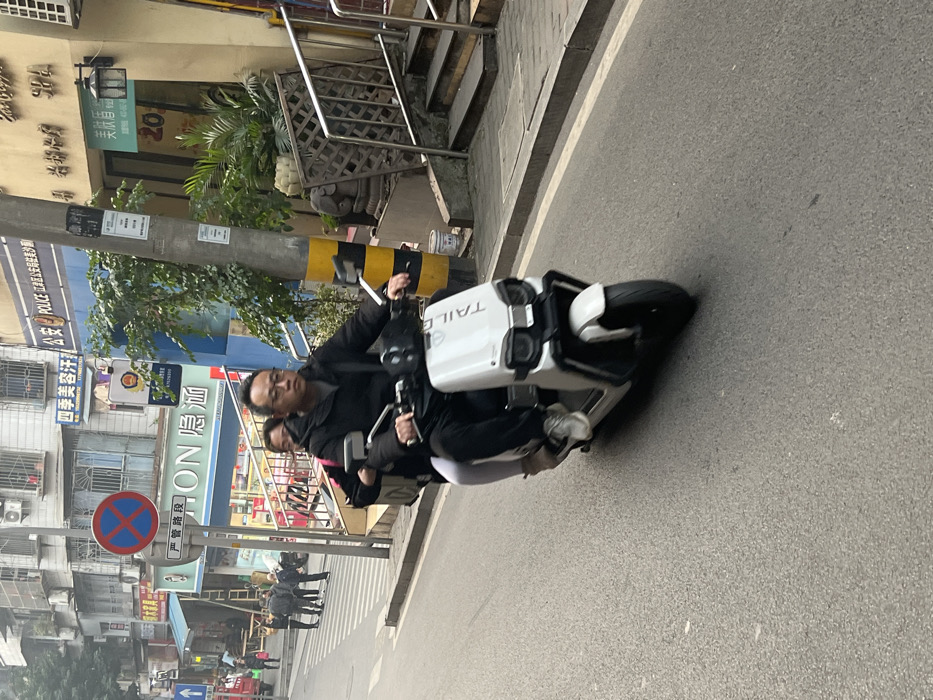 An adult male is driving a white "TAILG" brand electric scooter uphill on an asphalt street in Jiangjin District, China. He wears glasses, a dark jacket, and dark pants, with white sneakers visible. An adult female passenger, wearing light-colored leggings and carrying a light-colored backpack, is seated directly behind him. The street has a faint white line along the right edge.
On the left side of the street, a blue building with "公安 POLICE" and "江津区" (Jiangjin District) signage is visible, indicating a police station or public security bureau. Below it is a storefront with "ION" and Chinese characters. Further down the street, a marked crosswalk is present, with several pedestrians in the background. A red circular "No Stopping/Standing" sign is mounted on a pole on the left sidewalk.
On the right side of the street, a gray utility pole with yellow and black stripes stands next to an elevated sidewalk. Behind the pole, a set of stone steps with a metal handrail leads upwards. Green foliage, potted plants, and a dark stone statue are visible beside the steps. A light-colored building with "SPA" and additional Chinese text, along with a black wall-mounted lantern, forms the background on the right. The scene is illuminated by diffused, overcast light.