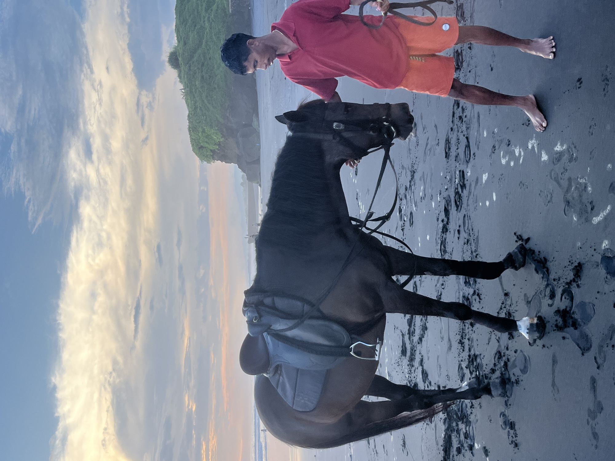 A man and a horse stand on a wet, dark sand beach in what could be Kediri, Indonesia. The man, on the right, is barefoot and wears a red, long-sleeved shirt and orange shorts. He holds the horse's reins. The horse is saddled and bridled. Behind them is a cliff face with green vegetation. The sky is filled with clouds and a soft golden light suggesting either sunrise or sunset. Horse tracks are visible in the wet sand.