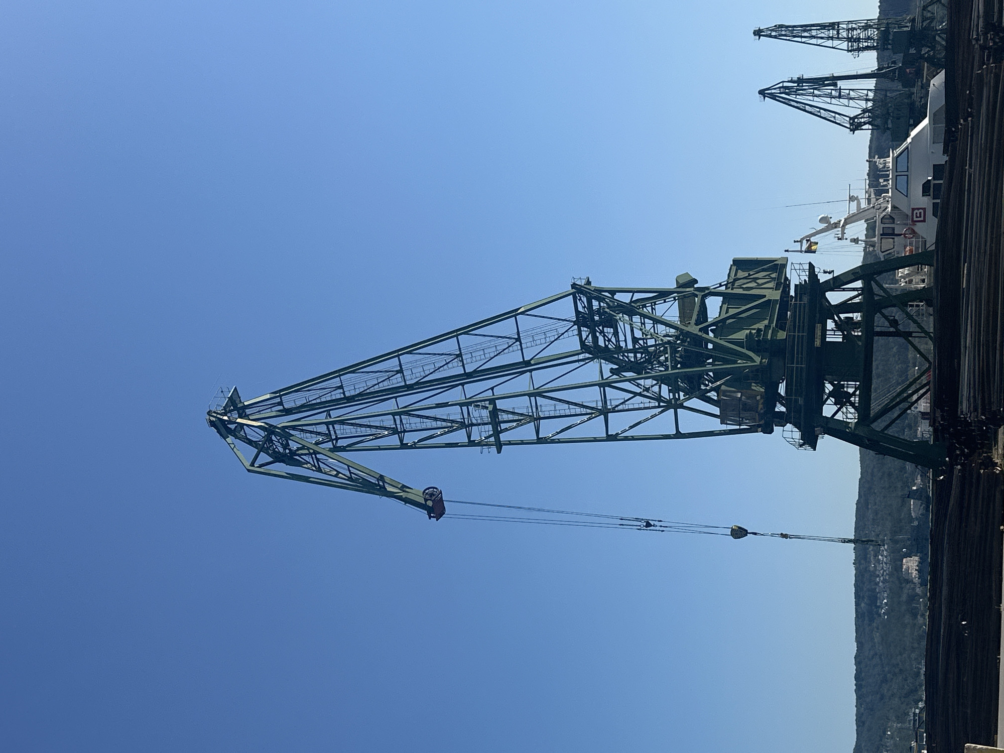 A large, green gantry crane dominates the center of the image, silhouetted against a clear blue sky. The crane's lattice structure is complex, with thick beams forming a robust frame. A heavy hook hangs from a cable suspended from the crane's boom. In the background, a white boat with a red logo is docked near other, smaller cranes. A hilly, tree-covered landscape with scattered buildings forms the horizon. In the foreground, dark, linear objects, possibly pipes or lumber, are stacked horizontally. The scene appears to be a harbor or industrial port.