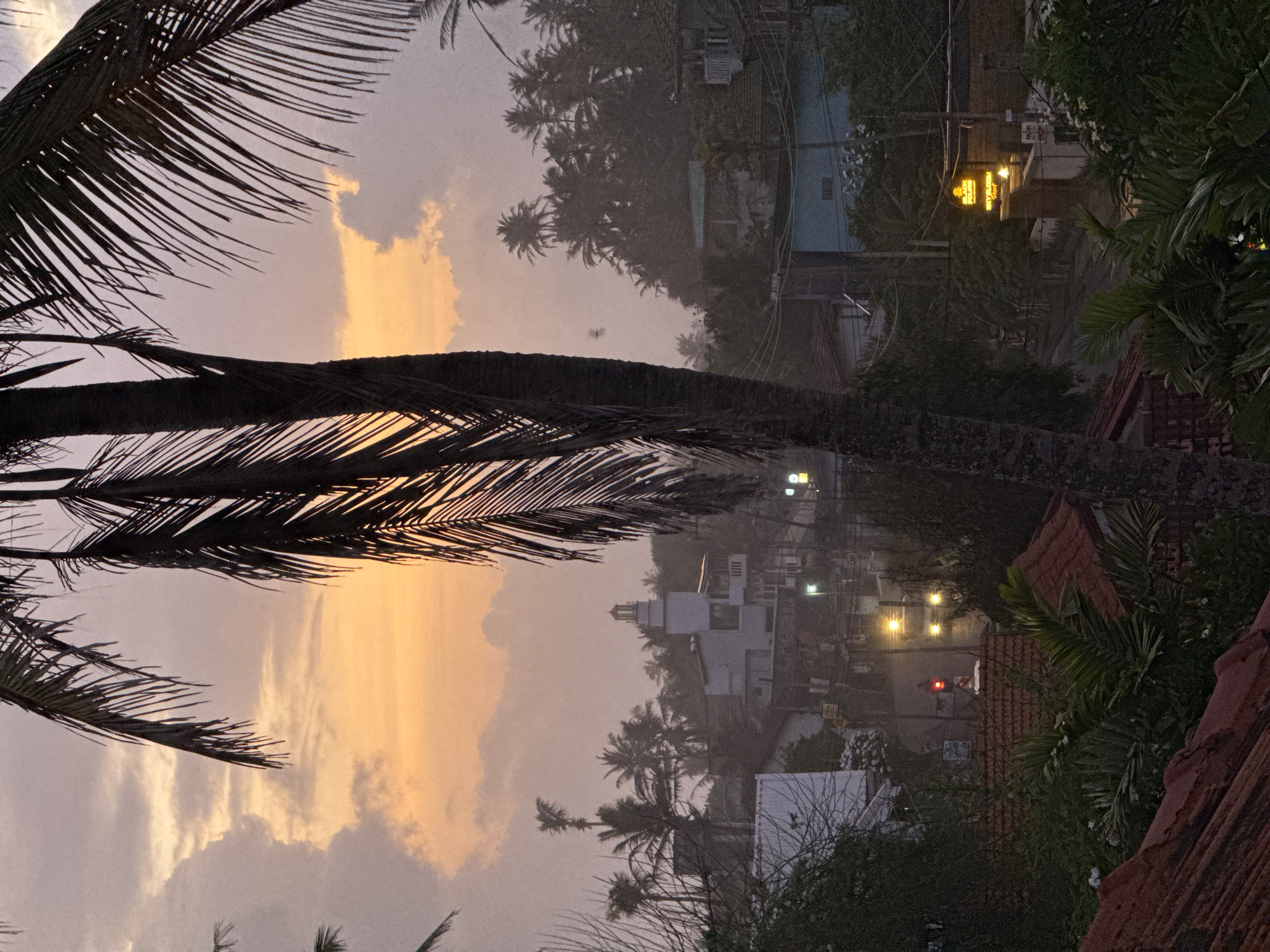 The image depicts a street scene in Goviyapana, Sri Lanka, at dusk, possibly during or immediately after rainfall. The sky is filled with dramatic clouds painted in hues of orange and purple, indicating either sunrise or sunset. In the foreground, the silhouette of palm trees with their fronds obscures parts of the view. A white building with a lighthouse-like structure on top stands prominently in the mid-ground, surrounded by other buildings and lush tropical vegetation. The street below is wet, reflecting the light from street lamps and the headlights of two vehicles, one of which appears to be a tuk-tuk. A traffic light shows red, indicating a stop. A neon sign with yellow lettering, partially visible, suggests the presence of a business. The overall atmosphere is humid and serene, characteristic of a tropical evening.