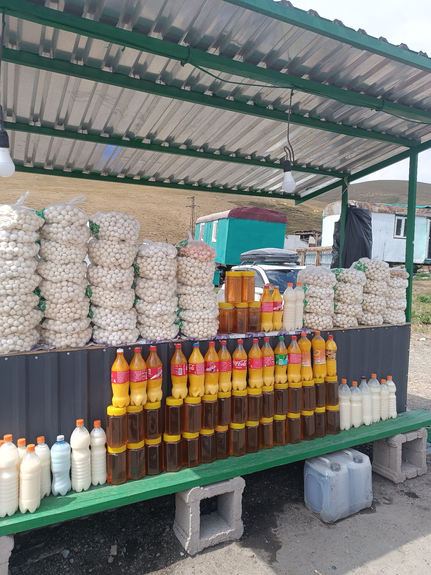 This image depicts an outdoor roadside market stall in Suusamyr, Kyrgyzstan. The stall is covered by a green metal roof supported by a metal frame. Under the roof, a variety of goods are displayed for sale.
On the upper shelf, several large sacks filled with small, round, white objects, likely garlic or onions, are stacked high. To the right of these sacks, there are more sacks of the same white objects, with one sack to the far right containing pinkish objects.
The middle shelf holds rows of glass jars filled with a golden-brown liquid, presumably honey. Above these jars are several plastic bottles of a yellow beverage, some bearing the Coca-Cola logo, and a few clear plastic bottles containing a white liquid, possibly milk or yogurt.
The bottom shelf, which extends out from the main stall, displays more bottles of white liquid, along with some clear bottles containing a blueish liquid. A large grey plastic container is visible underneath this extended shelf.
In the background, there are several structures that appear to be mobile homes or trailers, one teal and one white with a dark tarp draped over part of it. A white car with a roof-top carrier is parked behind the stall. The landscape beyond the stall is dry and hilly, characteristic of a mountainous region. The overall scene suggests a small-scale, local market catering to travelers or residents of the area. No people are visible in the image.