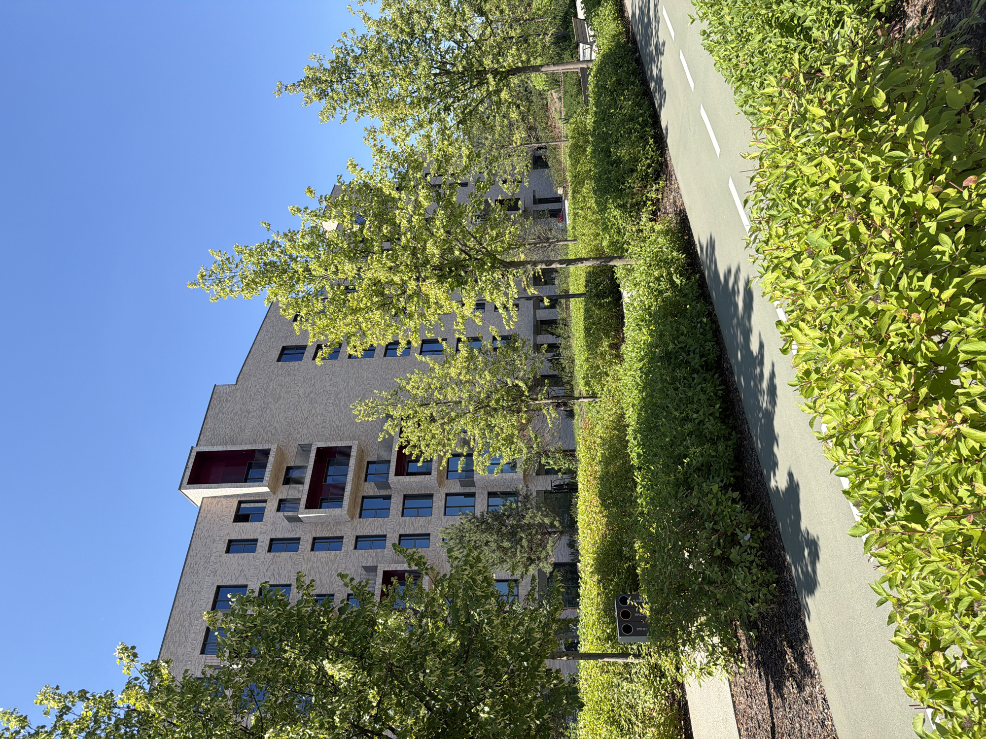 The image depicts a modern apartment building with a light brick facade, featuring numerous dark-framed windows and balconies with maroon accents. The building is situated in a park-like setting with lush green bushes and trees. A paved pathway, possibly a bike lane or walking path, runs through the foreground, bordered by more greenery. The sky is clear and blue. The scene appears to be a residential area with well-maintained landscaping. This is a photograph of the residential complex "Sreda" in Moscow, Russia.