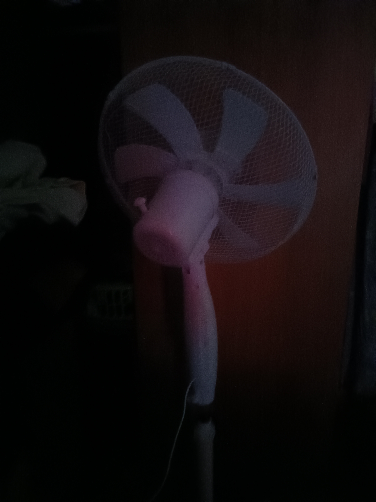 A pink and white fan with a mesh grill is shown in the lower half of the image, partially illuminated by a pink light. The fan is standing on a white pole that is also illuminated by the pink light. The background is dark, with a hint of a reddish-brown wall on the right side of the image. There are some dark objects on the left side of the image, possibly clothing. The scene appears to be indoors. There is no information available about the location in the city of Klyuchi, Russia.
