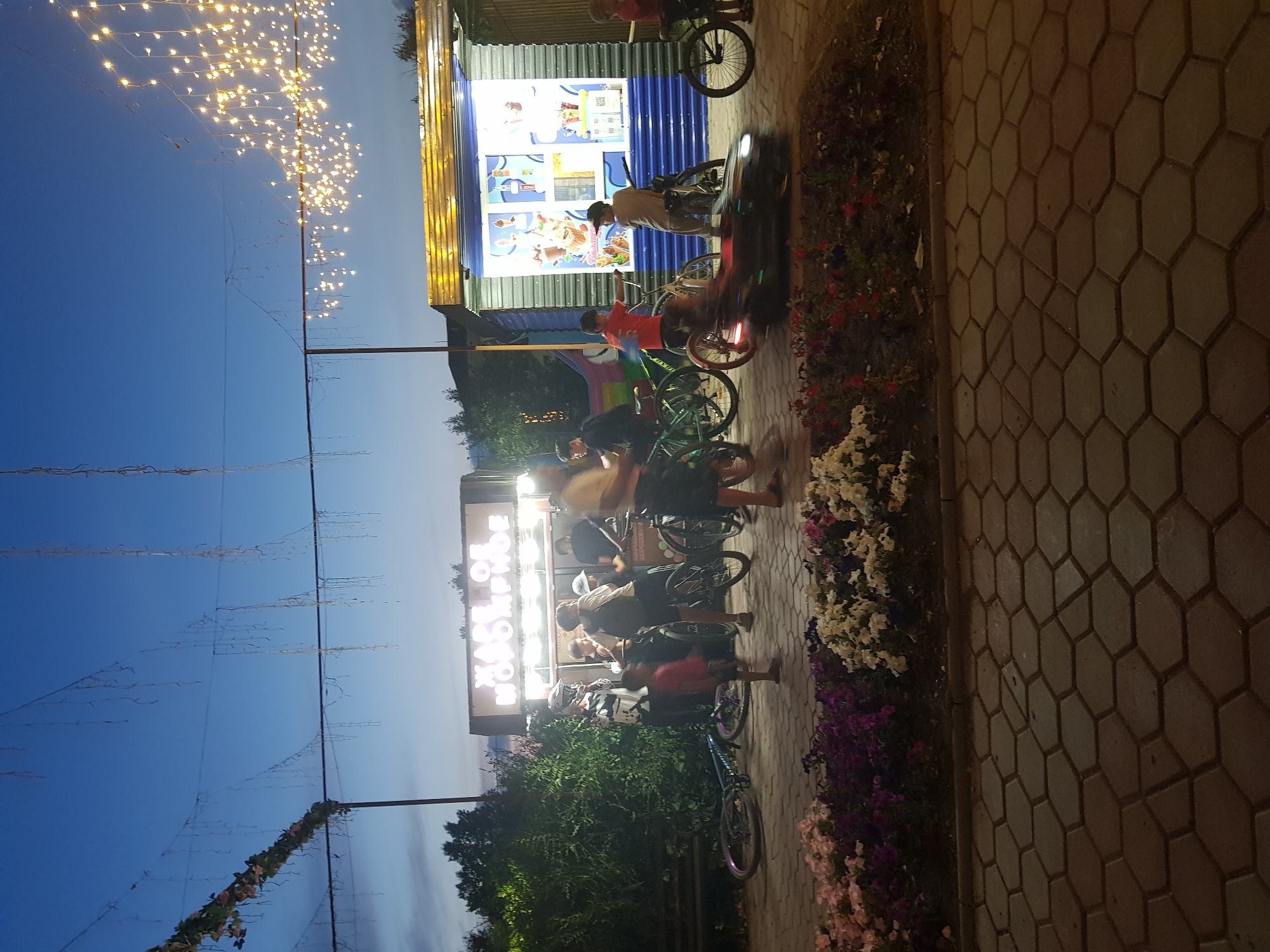 At dusk in Kurchatov, Kazakhstan, a group of children and teenagers gather near an ice cream stand. The sky is a deep blue, illuminated by strings of warm-toned fairy lights draped overhead. The ice cream stand is a small, colorful structure with images of ice cream cones and drinks displayed on its exterior. Several bicycles are present, some ridden by the children and others parked nearby. One child on a bicycle is blurred by motion, suggesting they are actively cycling. In the foreground, a section of paved walkway with hexagonal stones is visible, bordered by a flower bed filled with colorful blooms of pink, purple, and white. The overall scene depicts a casual, outdoor gathering in a town or city setting.