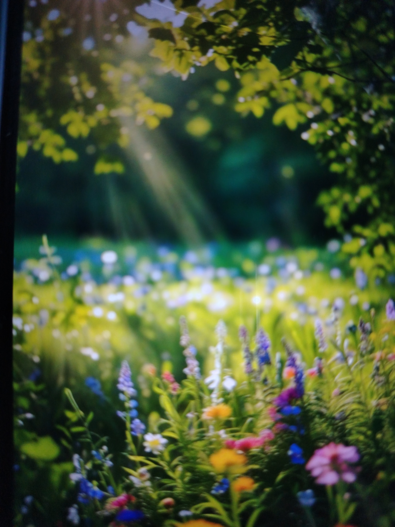 The image depicts a sun-dappled meadow filled with a variety of wildflowers, likely in a rural or natural setting. Sunlight streams through lush green foliage, creating a soft, diffused light that illuminates the colorful blossoms. The flowers are a mix of blues, purples, pinks, and yellows, with some white accents. The background is a blur of green, suggesting a wooded area or more distant vegetation. The focus is on the vibrant flora, evoking a sense of natural beauty and tranquility. There are no people or man-made structures visible in the image. The provided context mentions Qorowul, Uzbekistan, suggesting this natural scene could be located within or near that area, emphasizing the presence of such wildflower meadows in the region's landscape.