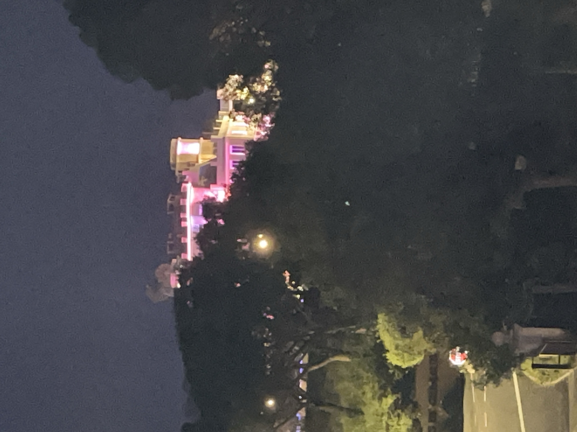 An aerial view oriented at a 90-degree angle shows a building lit with pink and yellow lights on the left, adjacent to a dark expanse of trees and what seems to be a road to the bottom right. The building's architectural style is castle-like, possibly a tourist attraction in Grimaud, France. The night sky on the left is a dark gray. The road is only partially visible and has a few lights around it.