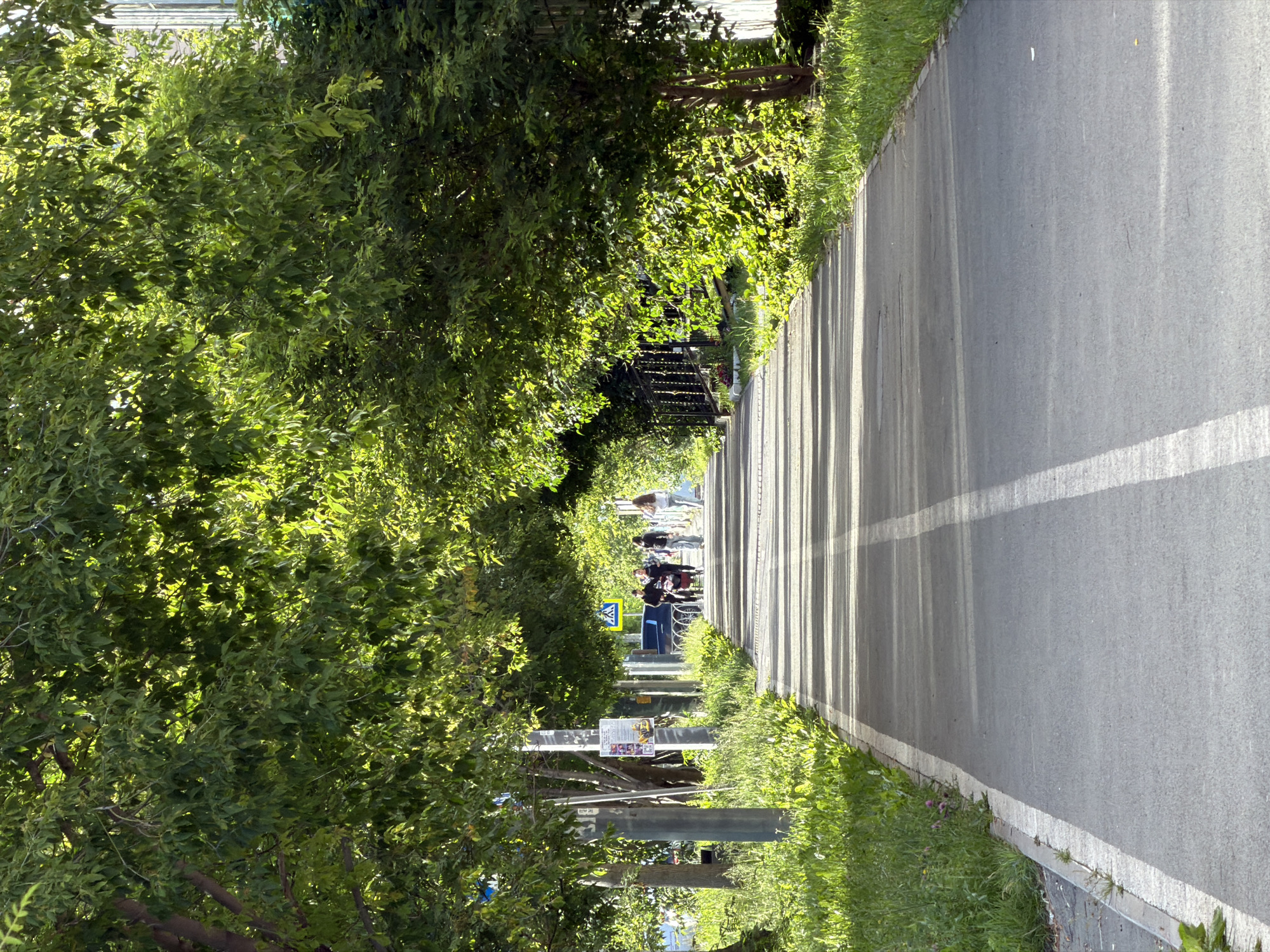 This is an outdoor, eye-level, vertical, medium shot of a paved path bordered by lush green trees and grass. Sunlight filters through the leaves, casting dappled shadows across the path, suggesting it is a sunny day, likely in the morning or afternoon. The path appears to be a designated walkway or bike lane, indicated by a white dividing line.
In the distance, several figures can be seen walking or cycling on the path. Some are accompanied by bicycles, and one group appears to be a mix of adults and perhaps teenagers. There are also a few signs visible along the path, including a blue and yellow pedestrian crossing sign, and a lamppost with posters attached to it. The presence of these signs and the paved path suggest an urban or suburban park setting, or a dedicated recreational trail.
The overall mood is peaceful and serene, with the natural elements of trees and sunlight creating a tranquil atmosphere. The scene appears to be a typical day in a community space. The text on the posters is illegible due to the distance and resolution.