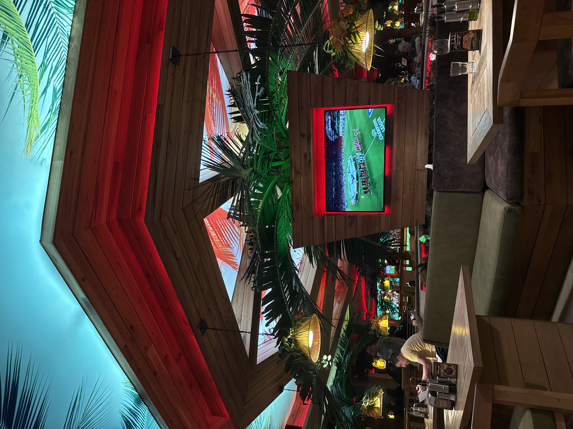 This is an interior shot of a bar or restaurant, possibly in Sofia, Bulgaria. The ceiling has a unique design with wooden beams, red and blue lighting, and decorative palm fronds. A television is mounted on one of the wooden structures, displaying what appears to be a soccer match. Tables and seating are visible, and a man is present at one of the tables. The environment is dimly lit with several decorative lamps adding to the ambiance.