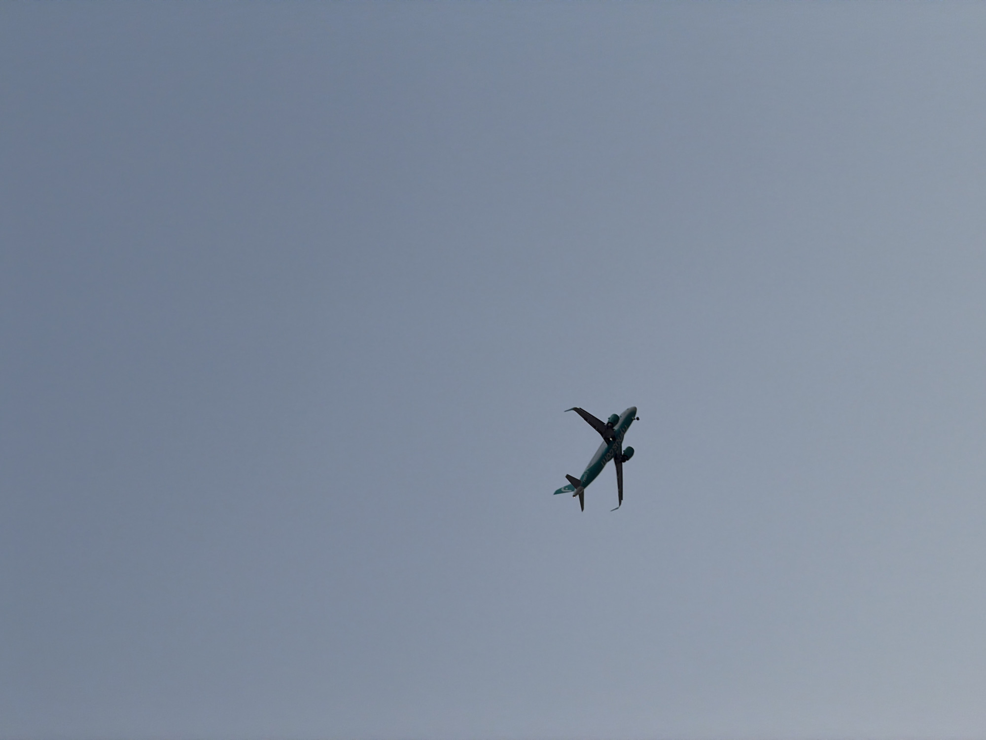 A teal and white airplane is captured in flight against a pale blue sky. The aircraft is positioned in the lower center of the frame, with its nose pointed slightly upwards and to the left. The airplane's wings are extended, and its engines are visible beneath them. The tail of the plane features a distinctive teal and white design. The sky appears to be overcast or hazy, with no discernible landmarks or scenery visible below. The image does not provide any specific context for the location in Sharm El Sheikh, Egypt.