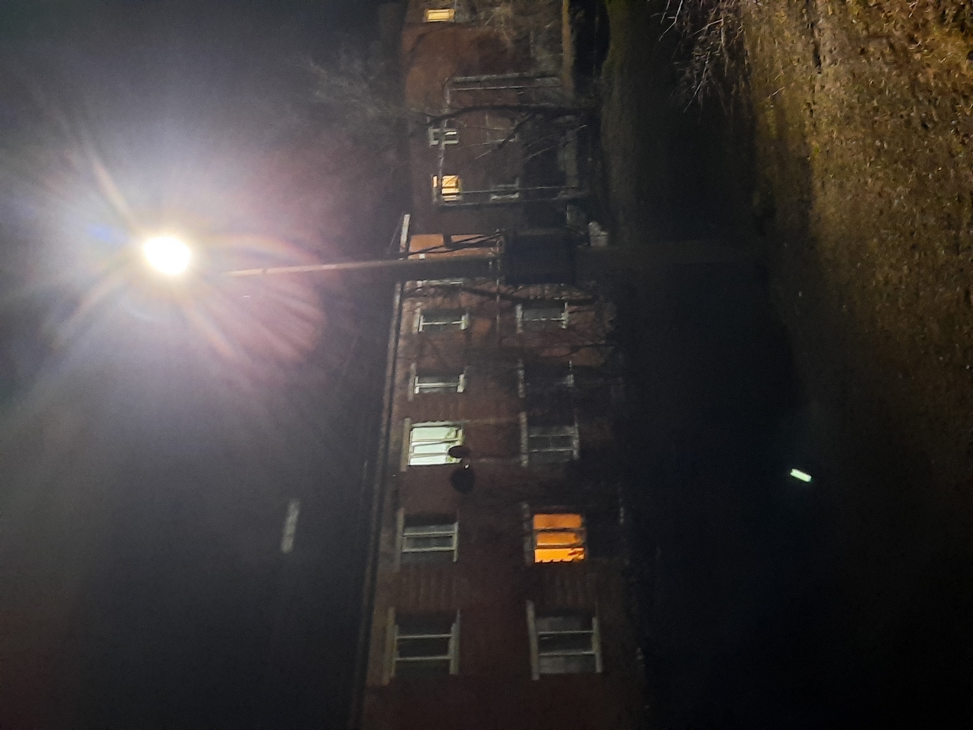 The image depicts a nighttime scene in what appears to be a residential area of Krasnogorskoye, Russia. A brick apartment building, several stories high, stands illuminated by a street lamp. Some windows are lit from within, suggesting occupancy. Bare tree branches are visible near the building and on the right side of the image, a dark area possibly representing a vegetated slope. The rest of the scene is in shadow. There are no visible people or subjects. No specific actions or interactions are discernable.