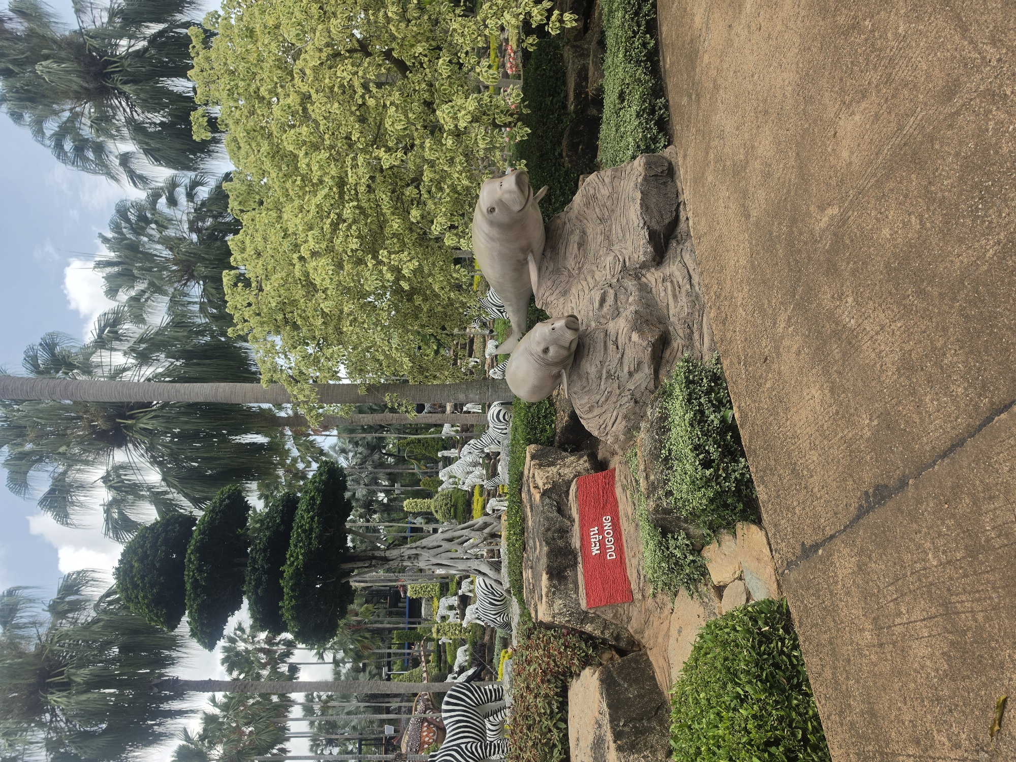 The image captures a scene at Nong Nooch Tropical Garden in Na Chom Thian, Thailand. It showcases a pathway adjacent to a landscaped garden. Within the garden area, there are numerous animal sculptures, including zebras. On a rocky outcrop beside the path, there are two sculptures of dugongs along with a red sign that says "Dugong" in Thai and English. Various trees and plants create a lush background.
