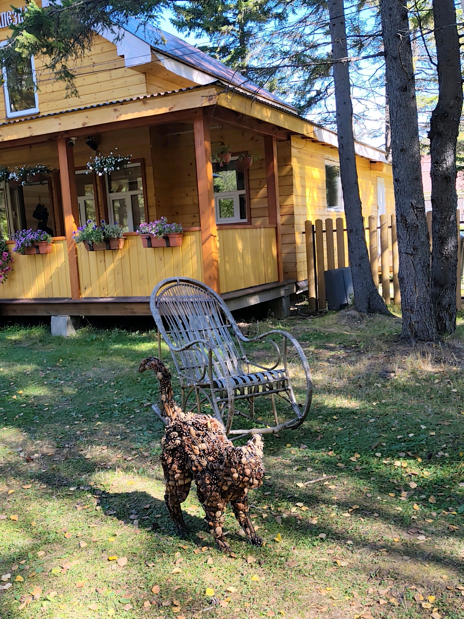 The image shows a rustic yellow wooden house with a covered porch in Listvyanka, Russia. The porch is decorated with hanging flower baskets. In front of the house, on the grass, is a weathered wicker rocking chair and a life-sized sculpture of a dog made from pinecones. The ground is covered with grass and fallen leaves. Tall pine trees are visible in the background, and the sky is blue with some clouds. The scene appears to be set in a rural or semi-rural area, likely a private residence or a small guesthouse.
