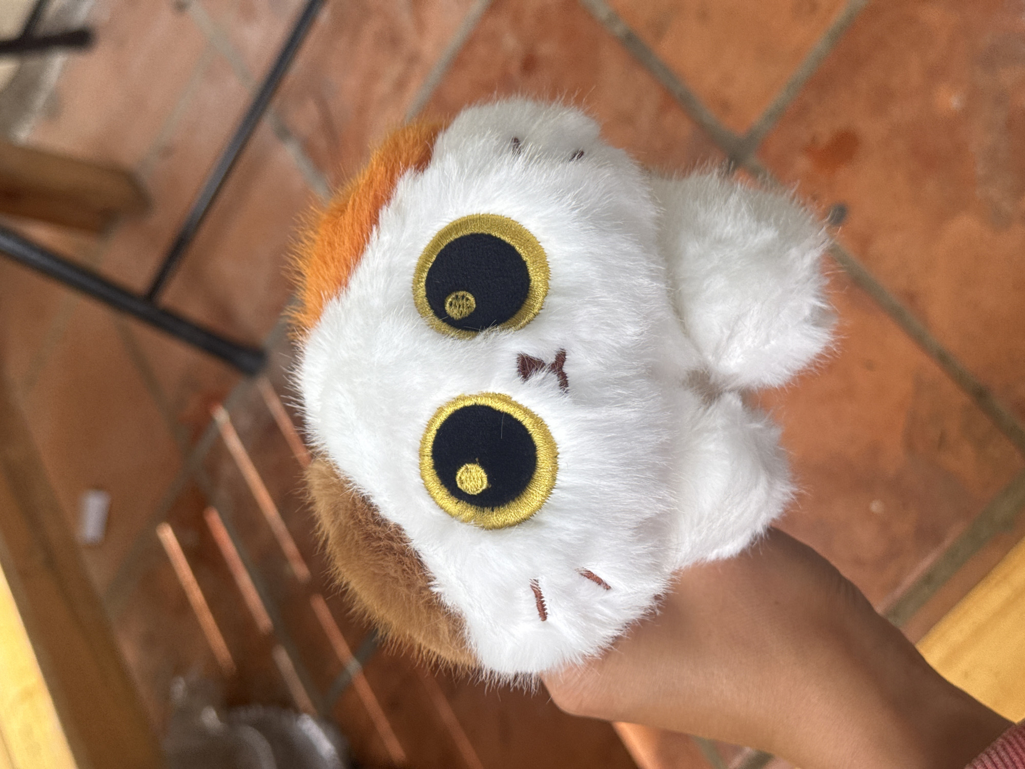 A close-up shot shows a white and brown plush cat toy being held by a person's hand. The toy has large, black eyes with gold embroidery and a small stitched mouth and whiskers. The background is out of focus, with what appears to be a wooden surface and terracotta tiling. There is no visible indication of the city of Đạ Cháy, Vietnam.