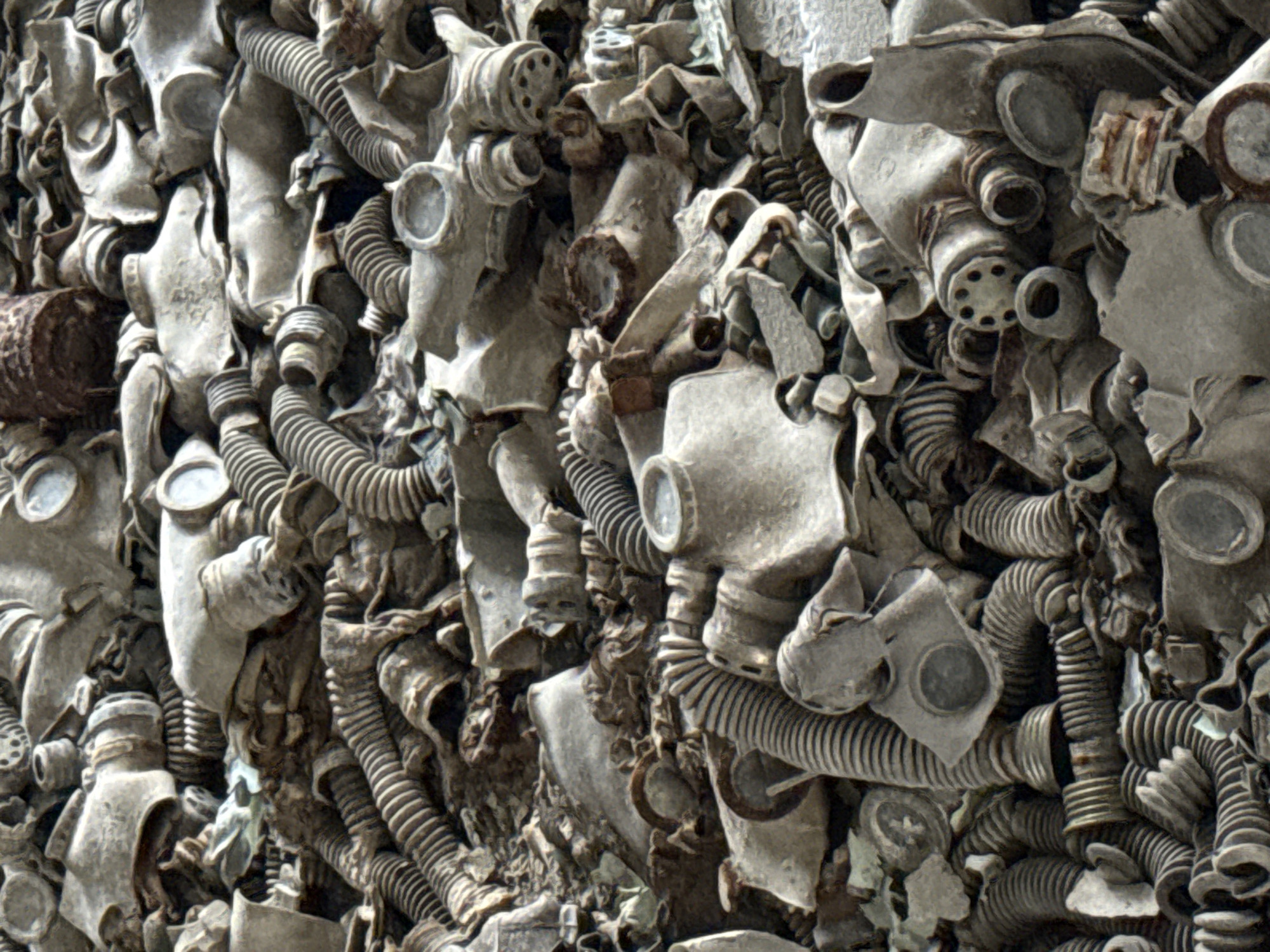 The image presents a chaotic pile of decayed and damaged gas masks. The masks are uniformly grey and heavily weathered, indicative of extended exposure to the elements. The accumulation appears to be a disordered heap rather than an organized collection, with various mask components, including face pieces, corrugated hoses, and filter canisters, tangled together.
Based on the context of gas masks and the inclusion of Russian text, it is plausible that this image depicts a location within the exclusion zone of Prypiat, Ukraine, a city abandoned following the Chernobyl disaster, where the distribution of gas masks was a part of emergency preparedness.