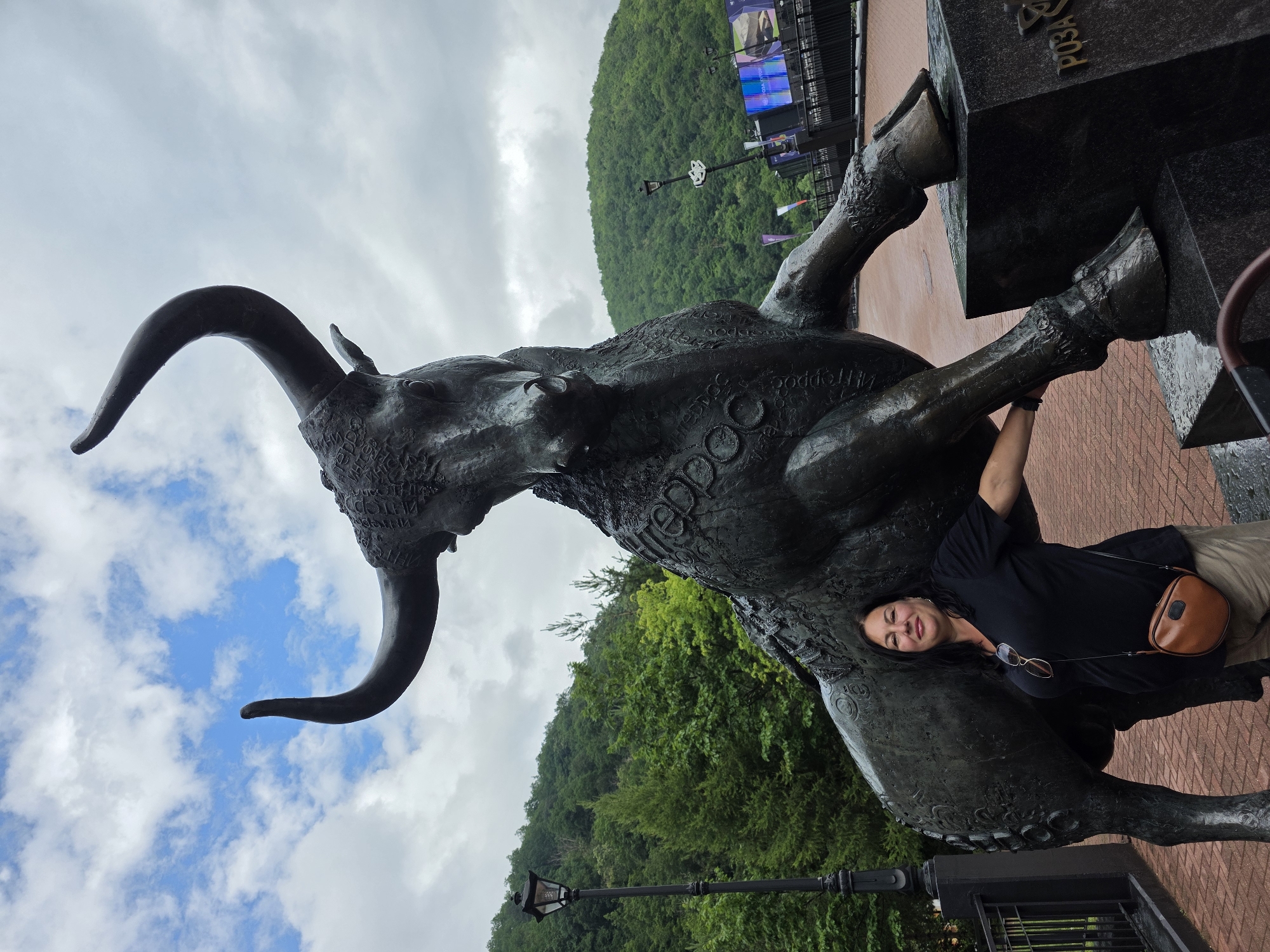 A woman stands next to a large bronze sculpture of a bull in Esto-Sadok, Russia. The sculpture is detailed and textured, with the word "Freedom" inscribed on its body in a circular pattern. The bull is positioned on a stone pedestal, and its front hooves are resting on another smaller pedestal. The woman is wearing a dark blue V-neck shirt, khaki pants, and a small brown crossbody bag. She has her right arm resting on the bull's hind leg. She is smiling and looking at the camera. In the background, lush green hills with scattered trees rise under a cloudy sky. A lamppost stands to the left of the sculpture, and a metal fence is visible. Further in the background, there are some stage-like structures with large screens displaying colorful visuals. The ground in front of the sculpture is paved with red bricks.