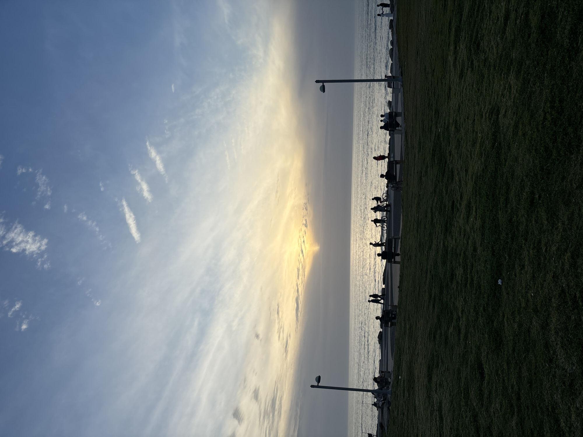 The image depicts a sunset scene over the Mediterranean Sea along the Tel-Aviv, Israel coastline. The lower approximately one-third of the frame is a dark green, manicured lawn. Above the lawn, a paved promenade runs horizontally, separating the grass from the sea. Numerous individuals are visible as dark silhouettes against the bright horizon. People are engaged in various activities: walking along the promenade, cycling (at least two individuals), sitting on dark-colored benches, and standing near the water's edge. One individual is partially visible in a red top. On the far right, two silhouettes stand close together, possibly interacting. Two tall, dark street lamps with curved tops are positioned along the promenade. Near the left lamp post, several bicycles are visible, along with fishing rods suggesting fishing activity. Rocks line the interface between the promenade and the sea. The sea surface is calm with gentle undulations, reflecting the sky's light. The sun is low on the horizon, a prominent bright yellow-orange disk partially obscured by a dark cloud band, emitting visible rays of light upwards. The sky transitions from bright yellow and orange at the horizon to muted blues and grays further up, with scattered, wispy clouds visible in the upper sky.