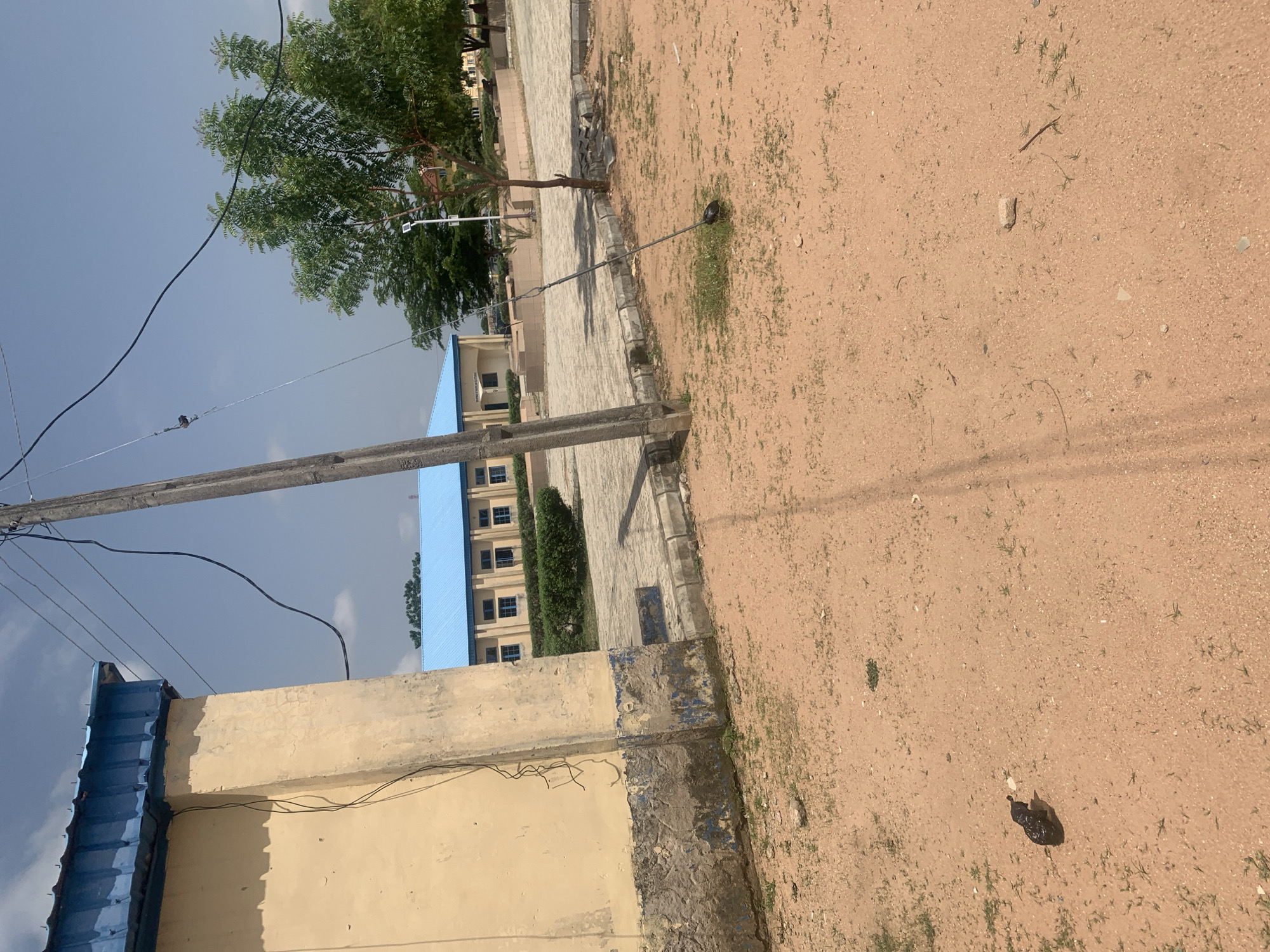 The image shows an outdoor scene in Jalingo, Nigeria. In the foreground, there is reddish-brown sandy ground with sparse patches of grass. A black object, possibly a bird or a clump of debris, is visible on the ground to the left. A concrete utility pole stands to the right of center, with electrical wires extending upwards and across the frame.
In the middle ground, there is a paved area with stone borders. Behind this, a light-colored building with a blue metal roof and multiple windows is visible. There are also green bushes and trees in this area. Further in the background, more buildings and trees are present under a blue sky with scattered clouds. The overall impression is that of an institutional or public space in an urban or semi-urban environment.