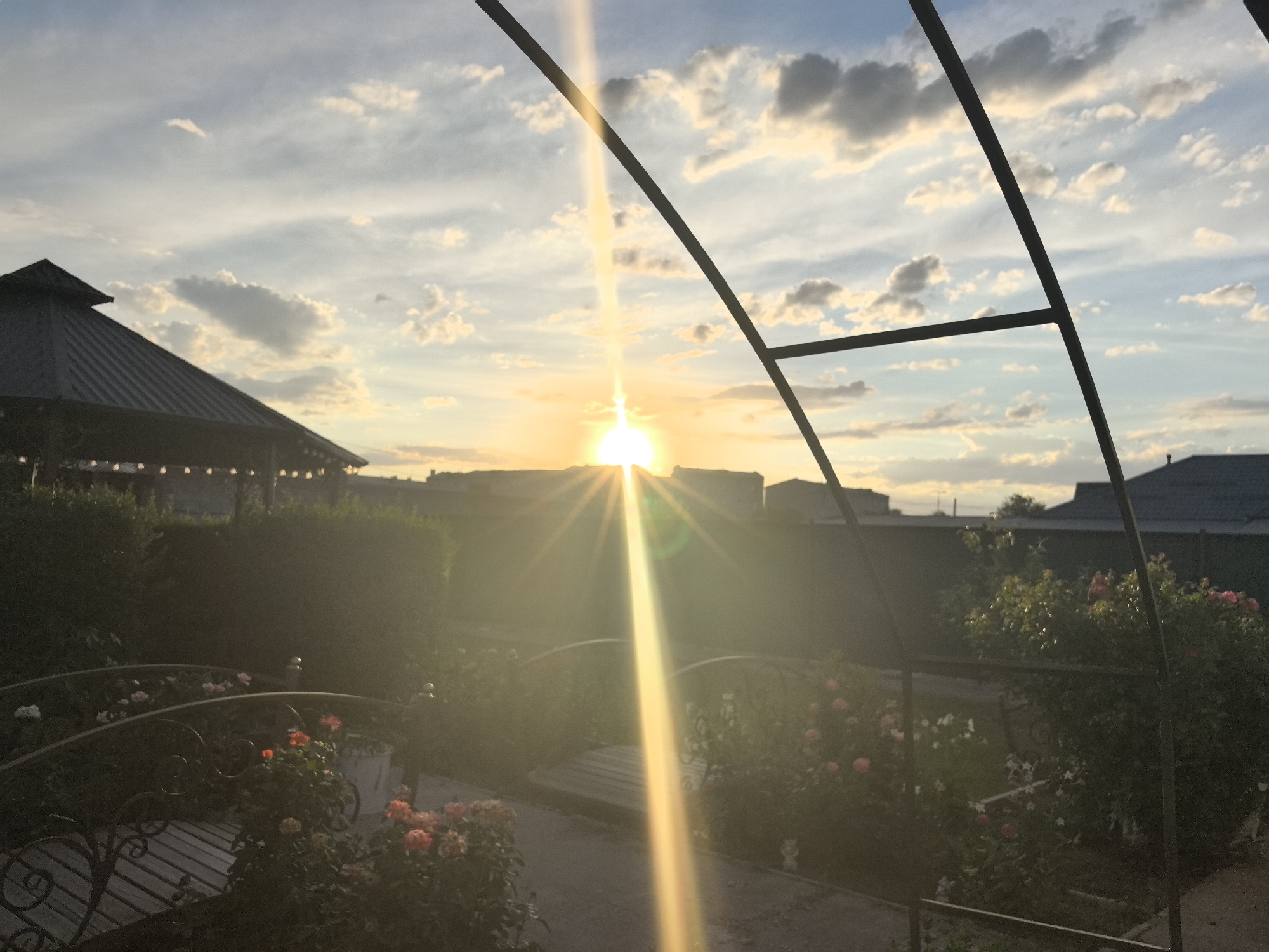 The image depicts a sunset scene at a garden or park area. A prominent element is the sun, positioned centrally in the frame, with its bright rays casting a strong lens flare and a vertical beam of light across the image. In the foreground, there is a metal archway structure, partially obscuring the view. Below the archway, a small decorative bridge with an ornate metal railing is visible, surrounded by rose bushes with pink and red flowers. To the left, a dark-colored gazebo with a sloped roof and string lights is partially visible, set against a backdrop of green bushes. In the distance, buildings and rooftops are silhouetted against the bright sky, which is filled with clouds. The overall impression is of a peaceful evening setting in a well-maintained outdoor space.