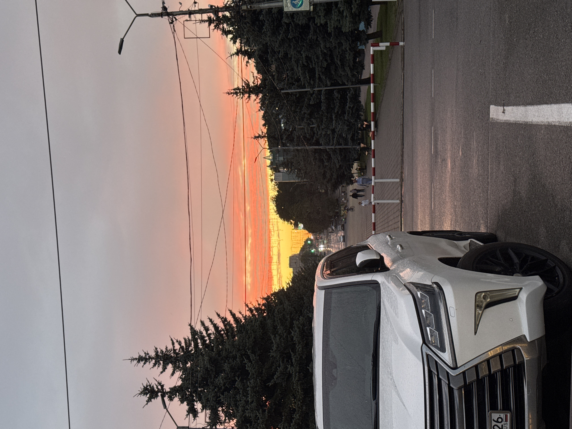 A white Lexus LX 570 SUV is parked on the side of a wet street at dusk. The vehicle is positioned in the foreground, occupying the lower left quadrant of the image. The sky displays a vibrant sunset with hues of orange, pink, and grey. Tall, dark green coniferous trees line the street on both sides. In the background, a street stretches into the distance, with buildings and traffic visible. A red and white striped barrier is set up across the sidewalk area. Several pedestrians are walking on the sidewalk. The overall scene depicts a peaceful, urban setting during a beautiful sunset, likely in Mikhaylovsk, Russia, given the license plate.
