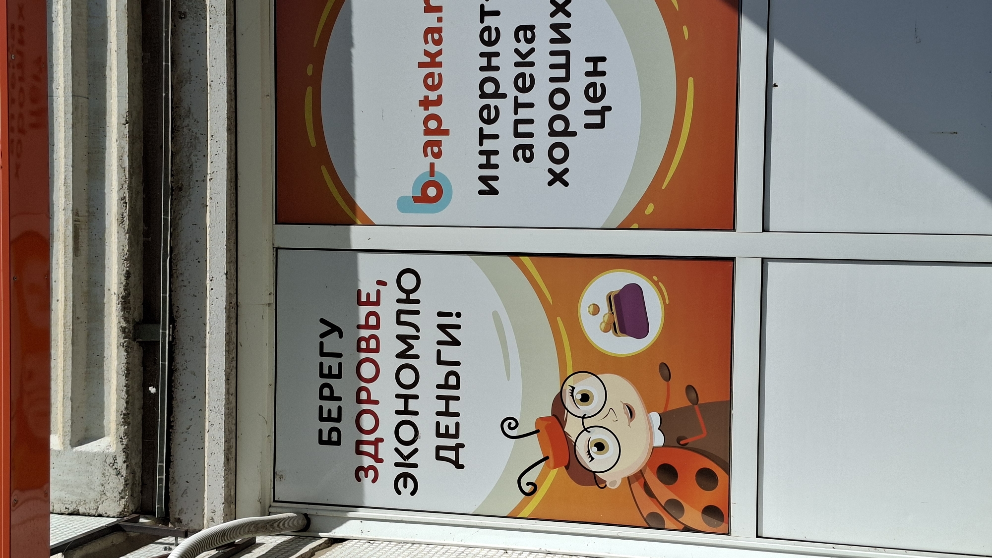 The image shows advertisements on a building in Chaikovsky, Russia. The signs are for a pharmacy, "b-apteka.ru", promoting it as an online pharmacy with good prices. One advertisement features a cartoon ladybug with glasses and a coin purse, advertising health and savings. The building has a concrete exterior and white framed glass windows.