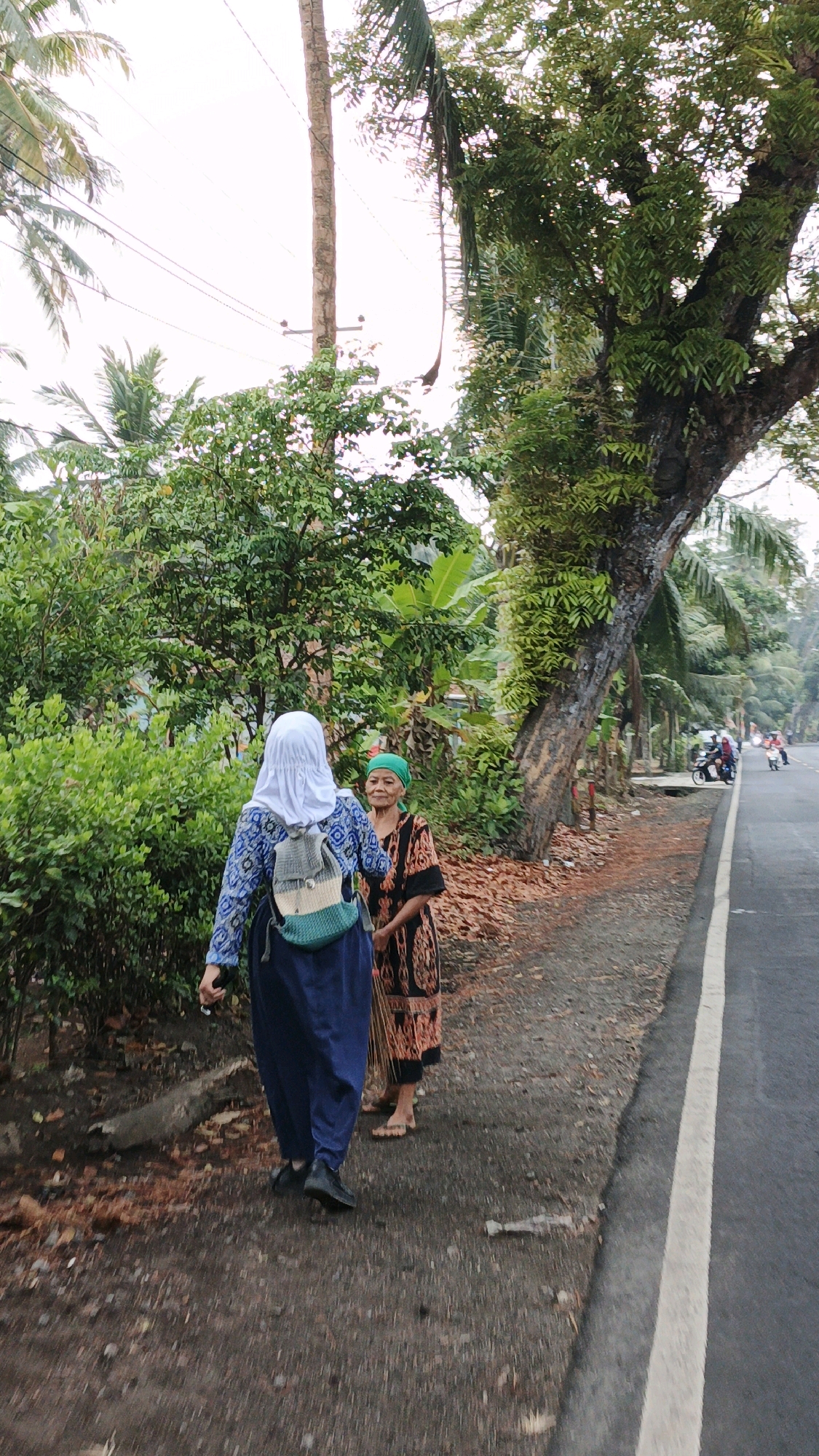 In Sukaresik, Indonesia, two women are depicted on a dirt path adjacent to a paved road. The woman in the foreground, facing away from the camera, wears a blue and white patterned long-sleeved shirt, a white hijab, and dark blue pants. She carries a backpack with horizontal stripes of light green, white, and beige. Her left hand is visible holding an object. To her right, an older woman stands facing the camera, wearing a dark patterned dress and a green headscarf. She holds a broom made of straw-like material in her right hand. Both women are positioned on the dirt shoulder of the road, which is lined with lush green foliage on the left and a large tree with climbing plants on the right. The paved road, marked with a white line, is visible on the right side of the image, with a few motorcycles in the distance. The sky appears overcast.