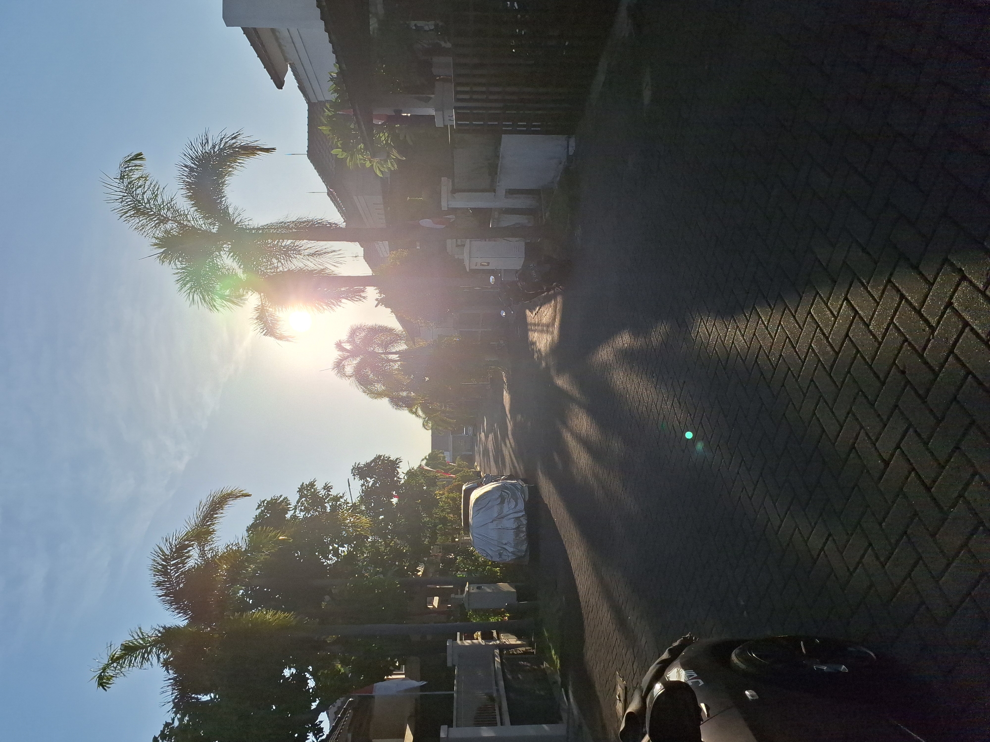 The image captures a residential street in the city of Surabaya, Indonesia, during what appears to be sunrise. The sun is low in the sky, casting long shadows across the patterned brick road. Two prominent palm trees are silhouetted against the bright sky, with sunlight glinting through their fronds. Several houses with tiled roofs line the street, some displaying Indonesian flags. A car covered with a silver tarp is parked on the side of the road, and a motorcycle is visible further down the street. The foreground shows the dark color of a car. The environment is serene and quiet, suggesting an early morning scene.