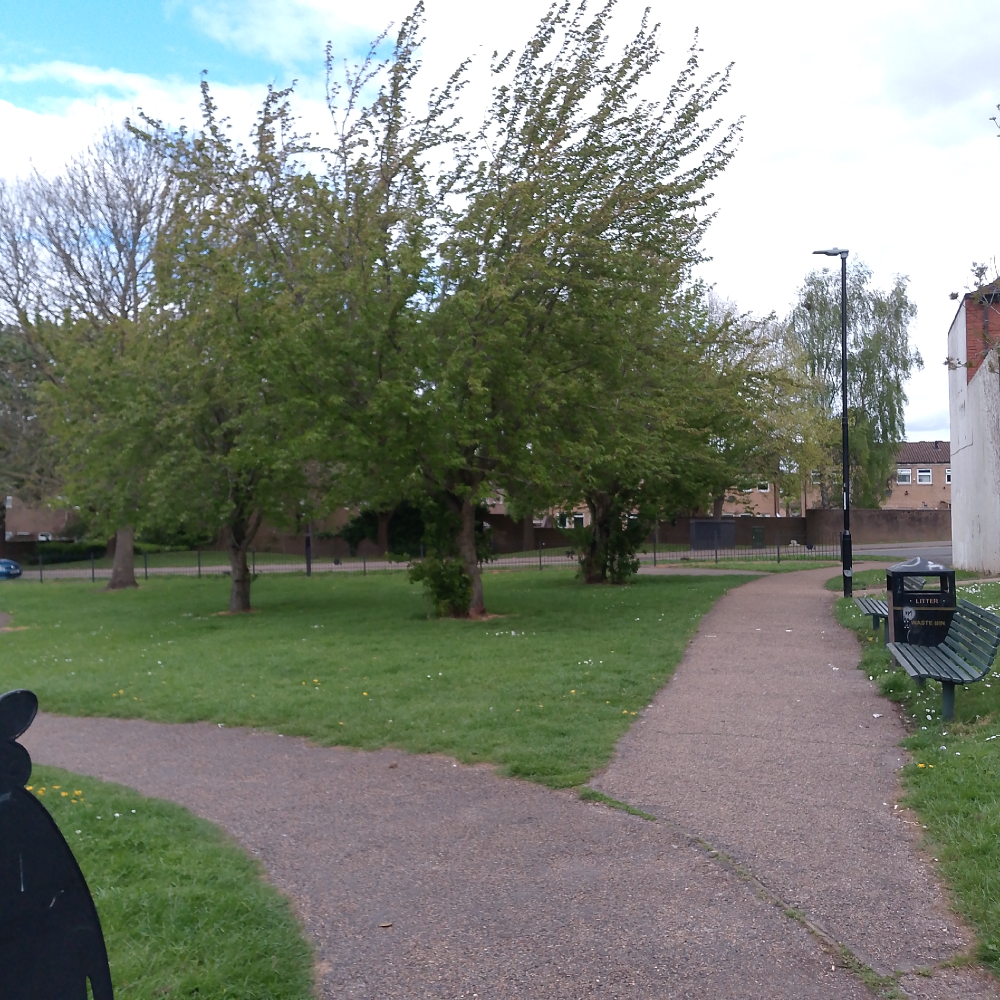 The image depicts a park scene in Coventry, United Kingdom. A paved pathway bifurcates in the foreground, leading to a green lawn with scattered trees. The trees are in various stages of foliage, with some appearing bare while others have full green leaves. A black lamppost and a bench with a litter/waste bin are positioned along the pathway on the right side of the frame. A wall and houses are visible in the background, marking the park's boundary. The sky is partly cloudy.