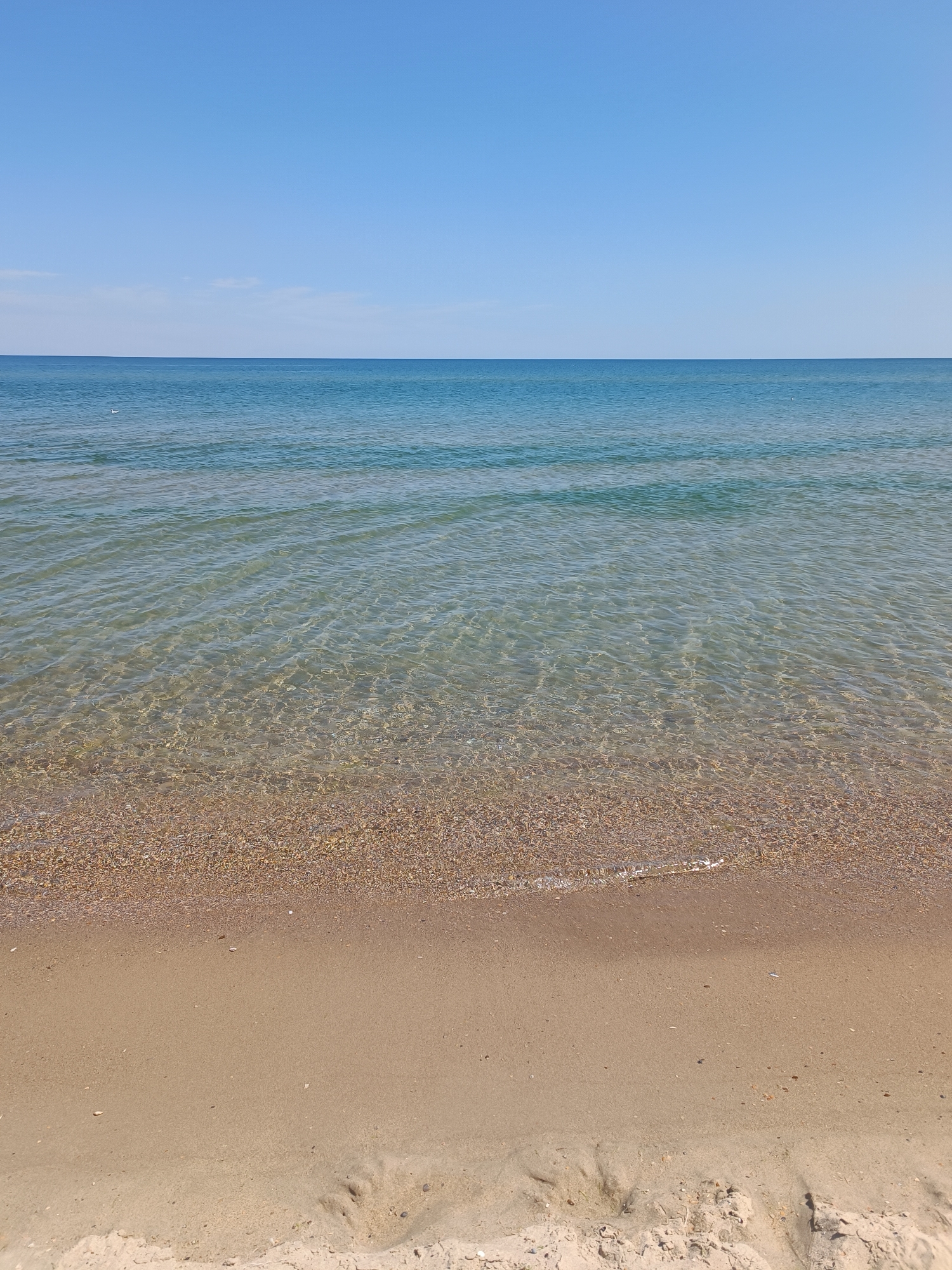 The image depicts a tranquil scene at a beach in Zatoka, Ukraine. The horizon is clearly defined, separating the vast expanse of a clear, bright blue sky from the deep blue of the sea. The water's surface is gently rippled, with sunlight creating shimmering patterns on the shallow seabed, which is covered in small pebbles and shells. The shore is composed of light brown sand, with a small wave lapping at the edge of the water. The overall impression is one of peace and natural beauty, characteristic of a sunny day at the seaside.