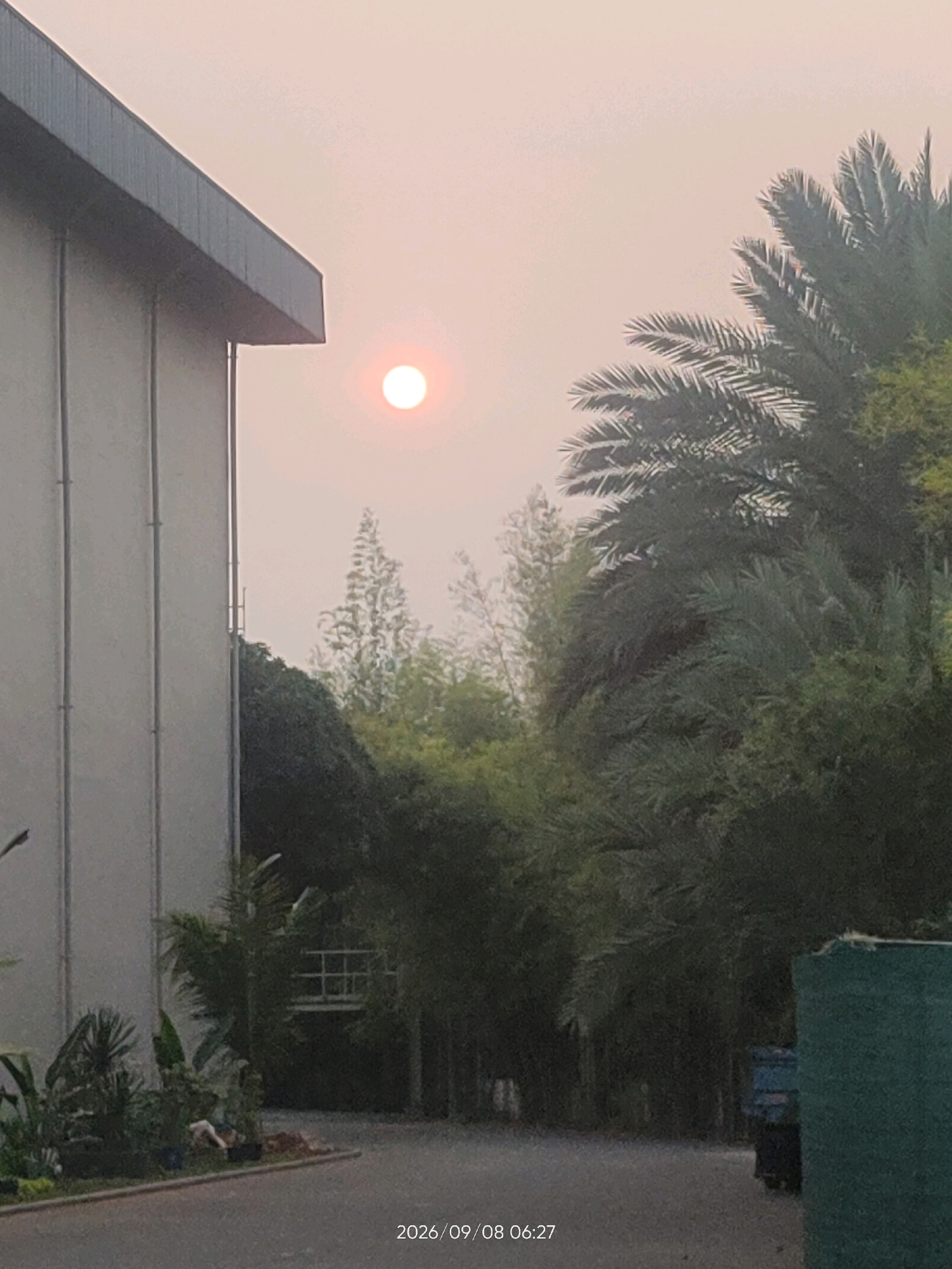 The image shows a hazy sunset with the sun appearing as a soft, orange disc. In the foreground, on the left, is the side of a light-colored building with a dark grey, angled roof. To the right of the building, lush green palm trees and other foliage dominate the scene. In the background, there are more trees and what appears to be a walkway or bridge structure. The overall lighting suggests it is late afternoon or early evening. The timestamp "2026/09/08 06:27" is visible in the bottom right corner. The location is identified as Telagaasih, Indonesia.