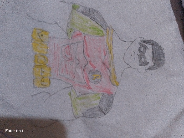 A colored pencil drawing of Robin from DC Comics. He wears a red and yellow uniform with green accents, a yellow utility belt, and a black mask. The background is white.