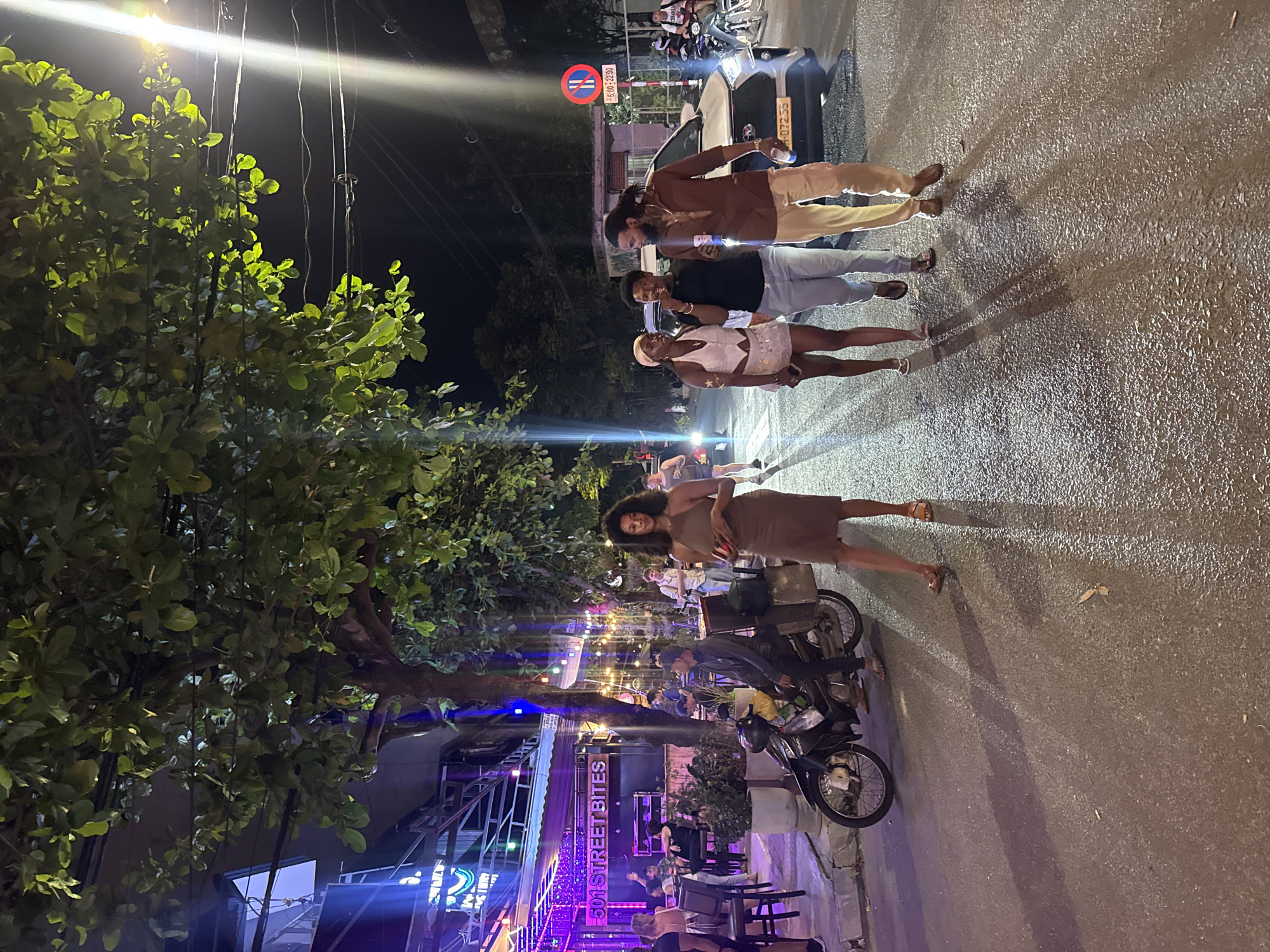 This is a nighttime photograph of a lively urban street scene in what appears to be Đà Nẵng, Vietnam. The street surface is wet and reflective, suggesting recent rain, and is brightly illuminated by various artificial light sources, casting long, distinct shadows of the subjects.
In the foreground, a woman with curly hair, wearing a brown midi-dress and sandals, is posing for the camera with a slight smile, standing to the right of a parked scooter. Further back on the street, four people are standing together. From left to right, these include a woman in a light-colored top and shorts, a man in a black t-shirt and grey pants holding a drink, another man with dreadlocks in a brown shirt and light pants also holding a drink, and a fourth person whose legs are visible. A silver car with the license plate "H-072.55" is parked behind them. In the distance, another person is riding a scooter.
The left side of the image is dominated by lush green trees and foliage, partially lit by a bright street lamp overhead, from which numerous wires descend. A red circular street sign with a diagonal line through it, indicating a restriction, is visible near the car, with the times "15:00-22:30" printed below it.
Further down the street, buildings are adorned with vibrant neon signs and strings of decorative lights, suggesting a row of restaurants or bars. One prominent purple neon sign clearly reads "501 STREET BITES." People are visible seated at outdoor tables, enjoying the evening ambiance. The overall atmosphere is busy and social, characteristic of an evening outing in a city.