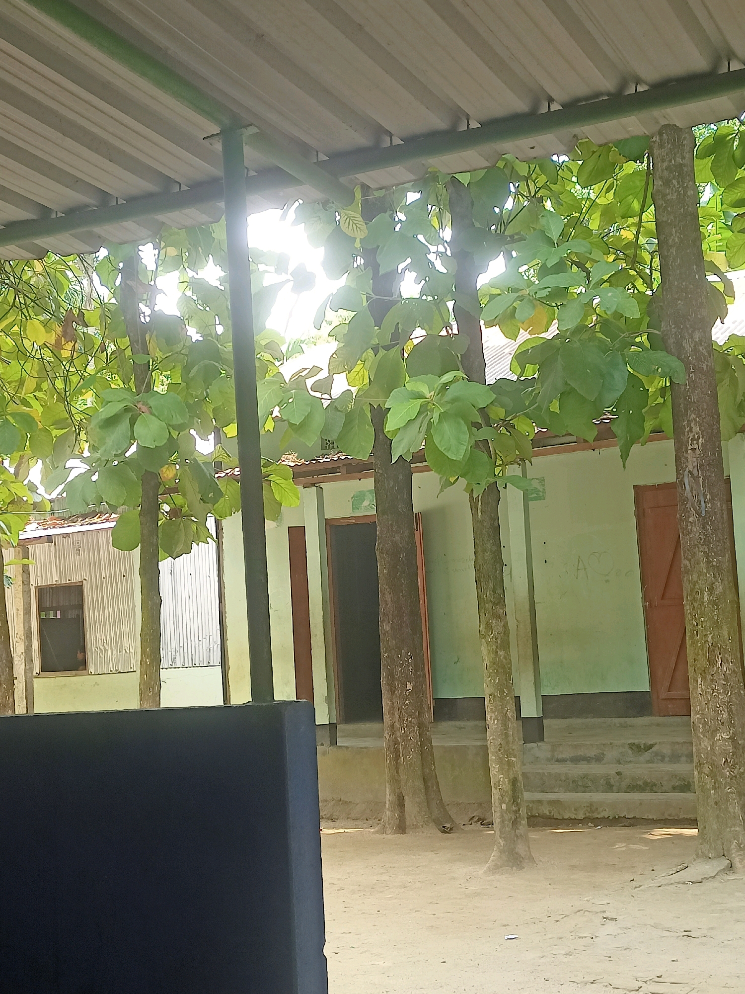 This image depicts an outdoor scene in front of a light green, single-story building with brown doors and a corrugated metal roof extension. Several trees with large green leaves stand in front of the building, partially obscuring it. The ground is covered in sand. In the foreground, a large dark object, possibly a piece of furniture or equipment, occupies the bottom left corner of the frame. A corrugated metal structure with a small window is visible to the left of the main building. The scene appears to be in a rural or semi-rural setting. There are no people visible in the image. The location is identified as Hatsinigmari, India.