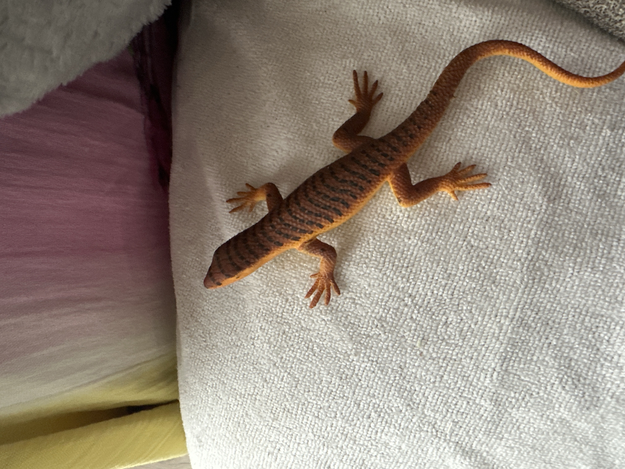 A toy lizard with orange and black striped skin is lying on a white textured surface. The lizard is positioned diagonally with its head facing the upper right of the frame and its tail extending to the lower right. In the background, there are draped fabrics in yellow, pink, and white. The scene is a close-up shot, with no identifiable elements of the city of Чернишня, Russia.