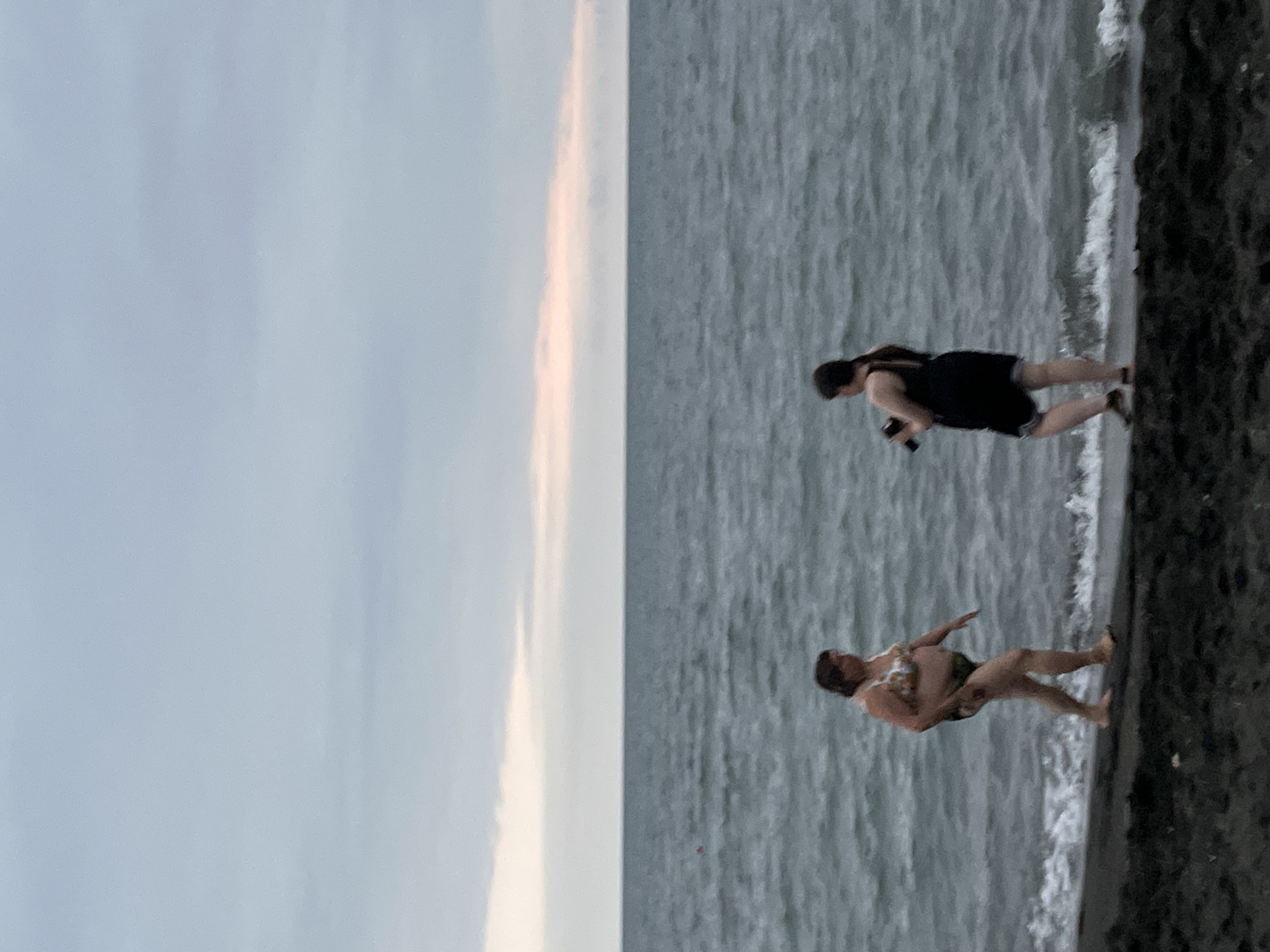 Two individuals are present on a dark, sandy beach adjacent to the Black Sea in Ureki, Georgia. The sky is overcast with a pale pinkish hue visible on the horizon.
The person on the left is a woman wearing a patterned bikini with a floral design. She is walking away from the water towards the beach.
The person on the right is a woman wearing a dark one-piece dress. She is facing the person on the left and appears to be holding a dark rectangular object, possibly a phone, in her right hand. Her left hand is lowered. She is standing with her feet slightly apart, facing the other woman.
The sea is calm with visible ripples and small waves breaking on the shore. The beach itself is dark and appears to be composed of fine sand or pebbles.