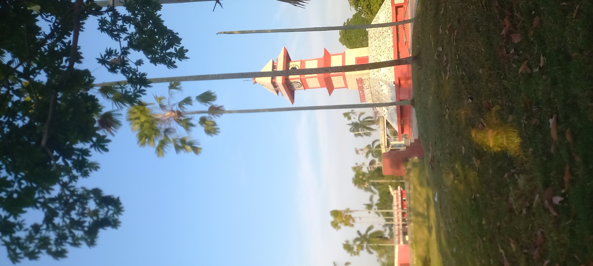 The image captures the clock tower of Teluk Dalam, Indonesia, set against a clear blue sky. The clock tower is a prominent structure with red and white bands, featuring a clock face on its upper section. A mosaic-covered base surrounds the tower, also in red and white. Several tall palm trees with distinctive fronds are visible, interspersed with lush green grass and fallen leaves in the foreground. In the background, other red and white buildings and more palm trees can be seen. The overall scene suggests a well-maintained public space, likely a park or a town square, during daylight hours.