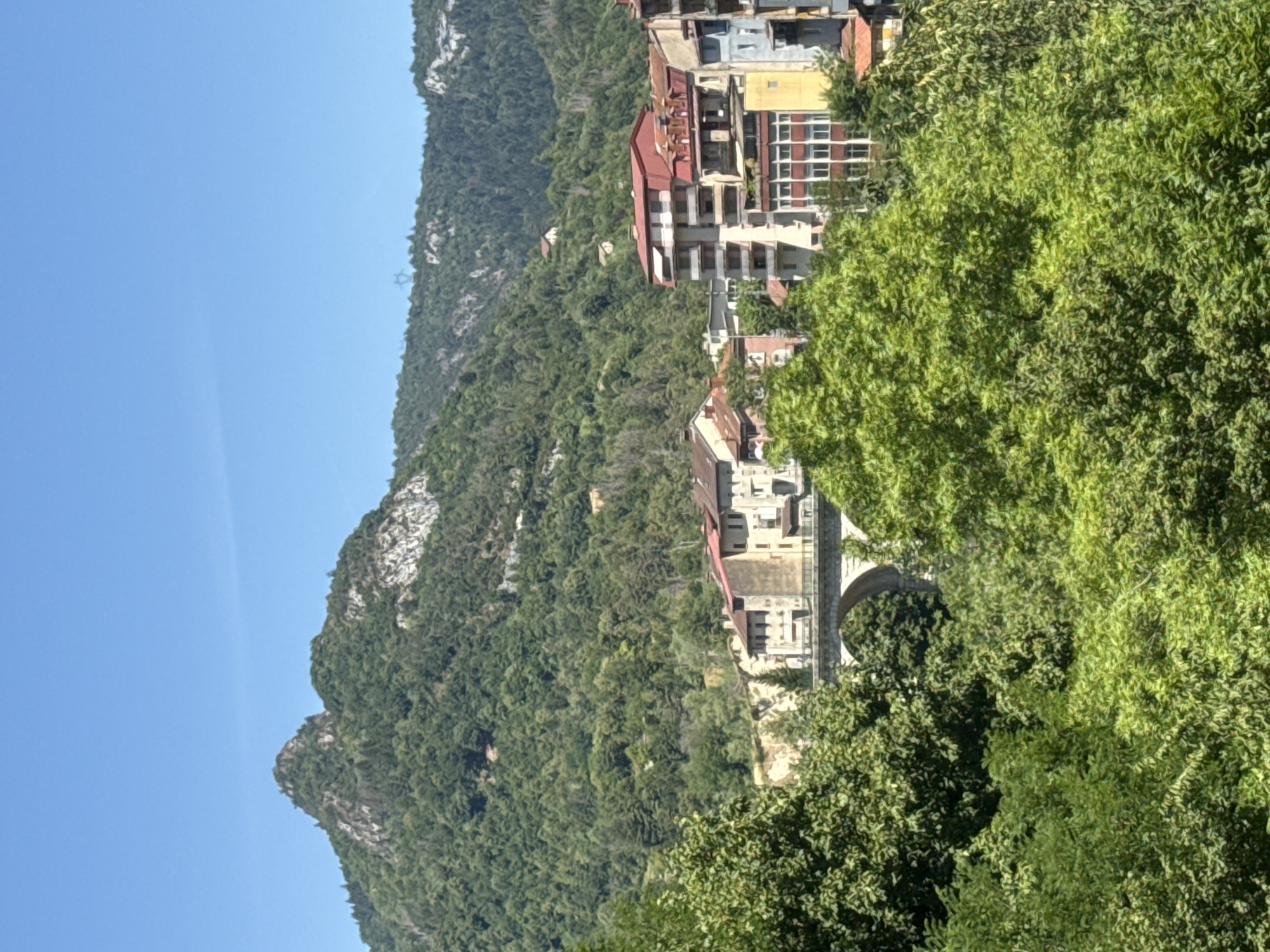 The image depicts a view of the city of Saint-Claude, France, featuring a mountain range in the background covered in dense green trees. In the middle ground, a bridge with arches spans across a gap, with buildings situated on either side of it. The architecture of the buildings suggests a European style, with tiled roofs and multi-story structures. The foreground is dominated by lush green foliage, indicating a natural setting within or near the city. The sky is clear and blue, suggesting a sunny day. There are no people visible in the image.