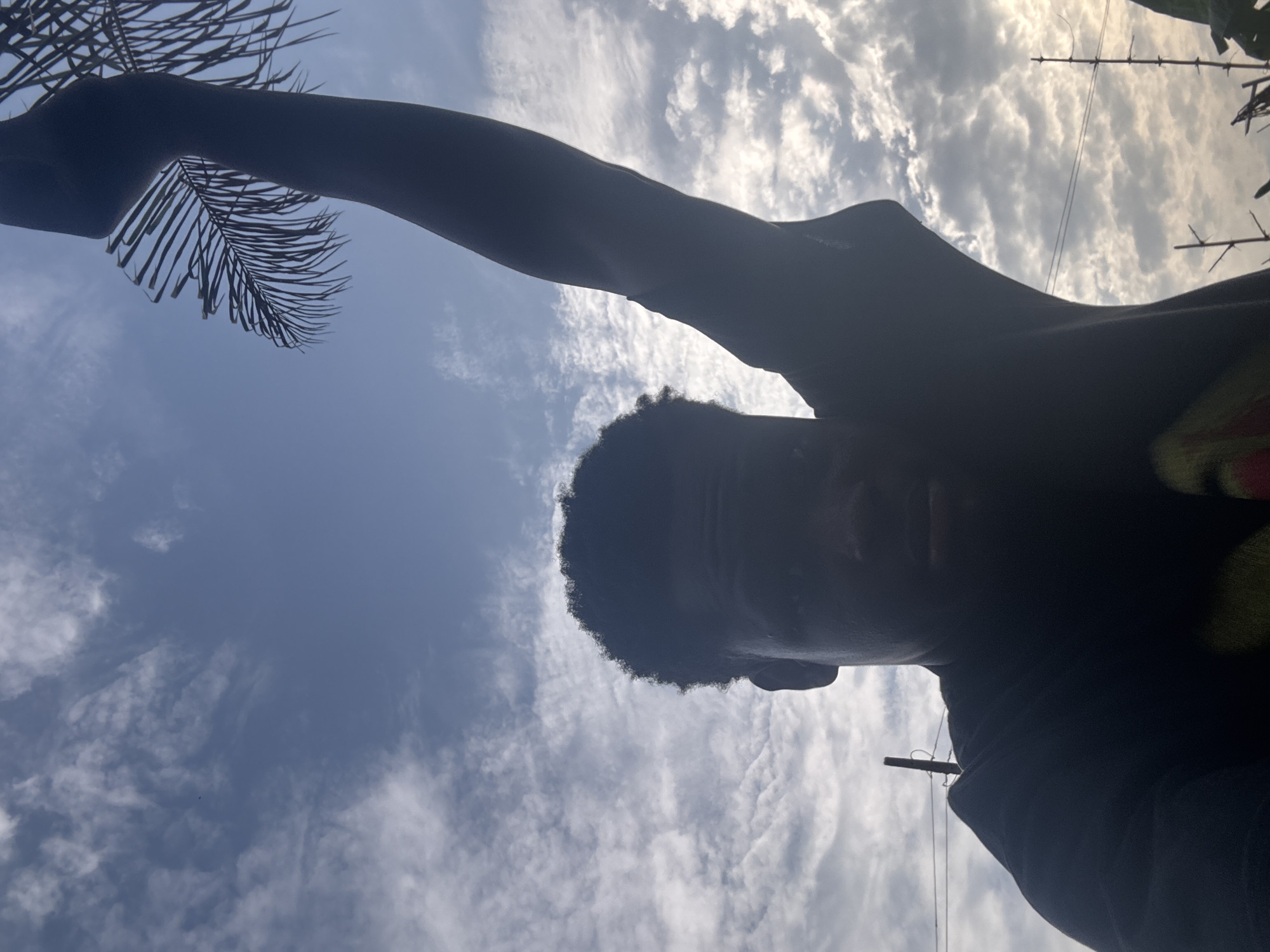 An upward-angle, silhouetted photograph taken in Aboh, Nigeria. In the foreground is a person with short, curly hair and a dark complexion, looking directly at the camera. The person's arm is raised, obscuring part of the sky and holding a palm frond. The background is a sky filled with wispy clouds. Utility poles and electrical wires are visible.