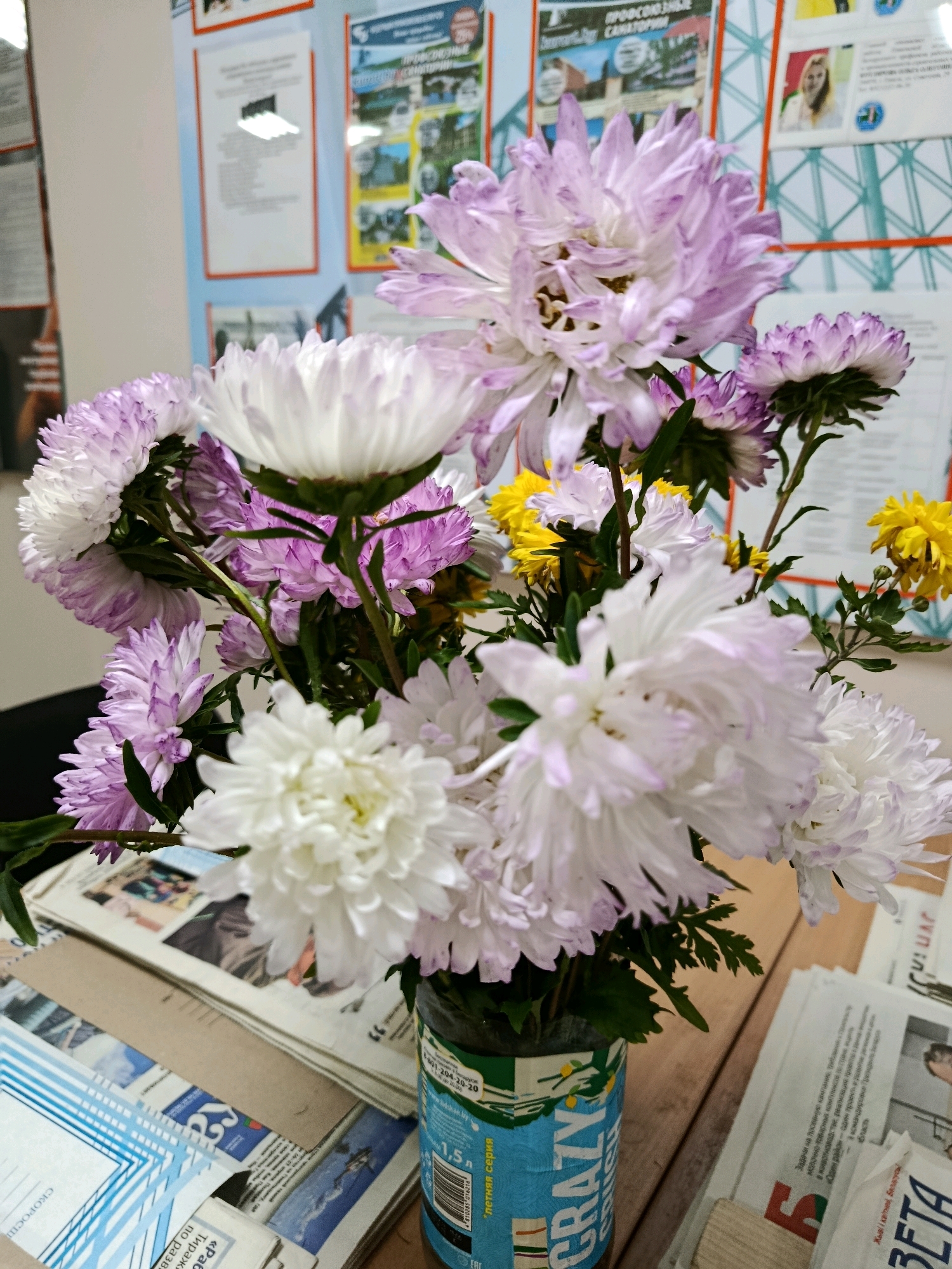 The image shows a bouquet of asters in a vase made from a repurposed beverage container. The flowers are a mix of white and light purple with some yellow accents. They are arranged on top of a stack of newspapers. In the background, there are several posters or bulletin boards with text and images. The overall scene appears to be indoors, possibly in an office or educational setting, given the presence of the posters. The vase has text on it that reads "CRAZY GARDEN". The newspapers have visible headlines and images, though they are not fully legible. The lighting suggests an indoor environment.
