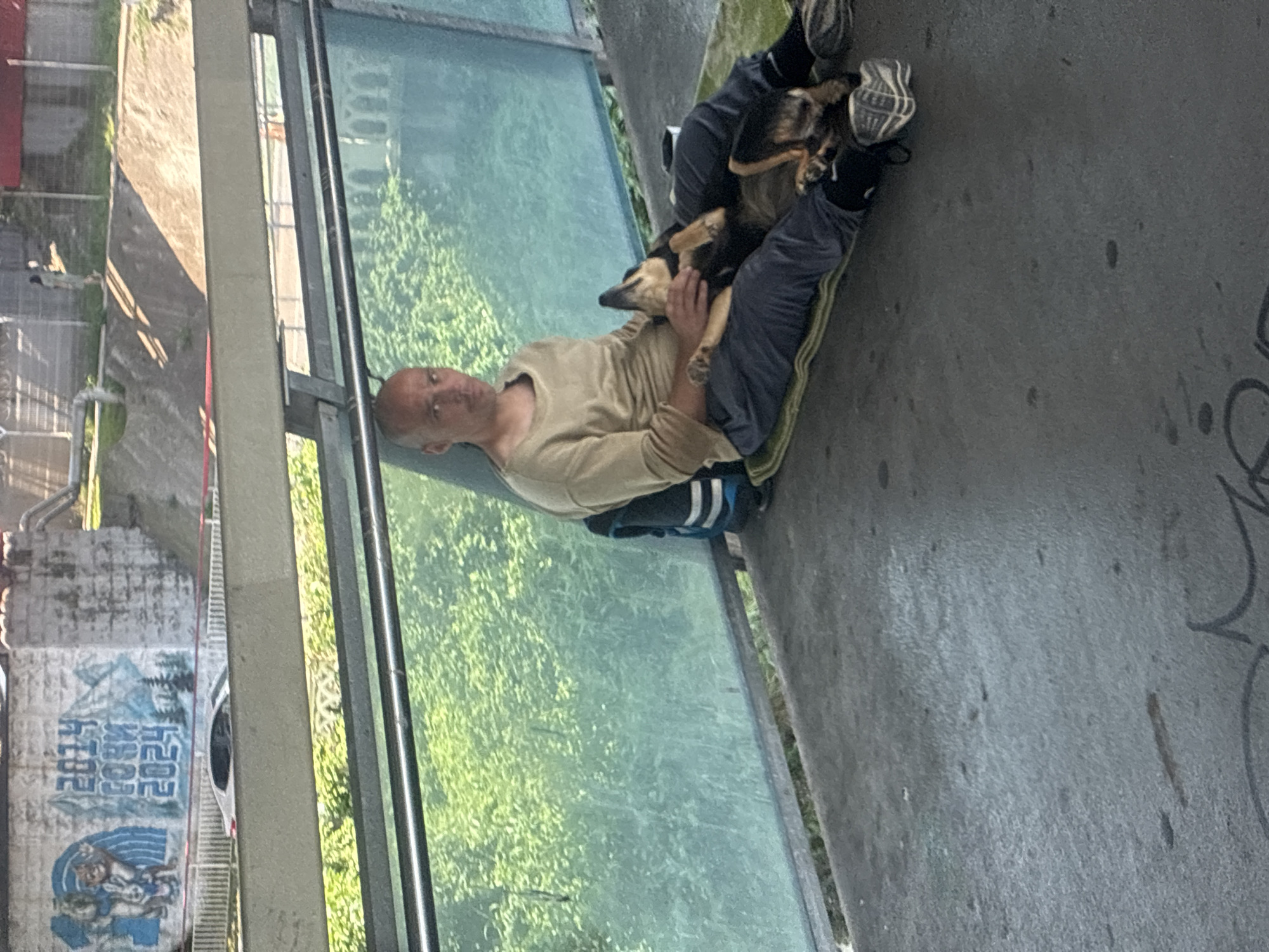 In Sochi, Russia, a bald man sits on a concrete surface, leaning against a teal glass barrier, with two dogs in his lap. The man is wearing a light brown long-sleeved shirt and dark grey pants. He has a tattoo on his left wrist. The dogs, appearing to be medium-sized mixed breeds, are resting on his lap and legs. A green mat is positioned beneath the man and dogs. A black backpack with white stripes is placed behind the man. In the background, a wall is visible with graffiti that reads "2014" and "2024." A silver car is seen driving on a road below the wall. Lush green trees and foliage are visible behind the glass barrier. The ground is a textured grey concrete with some graffiti markings.