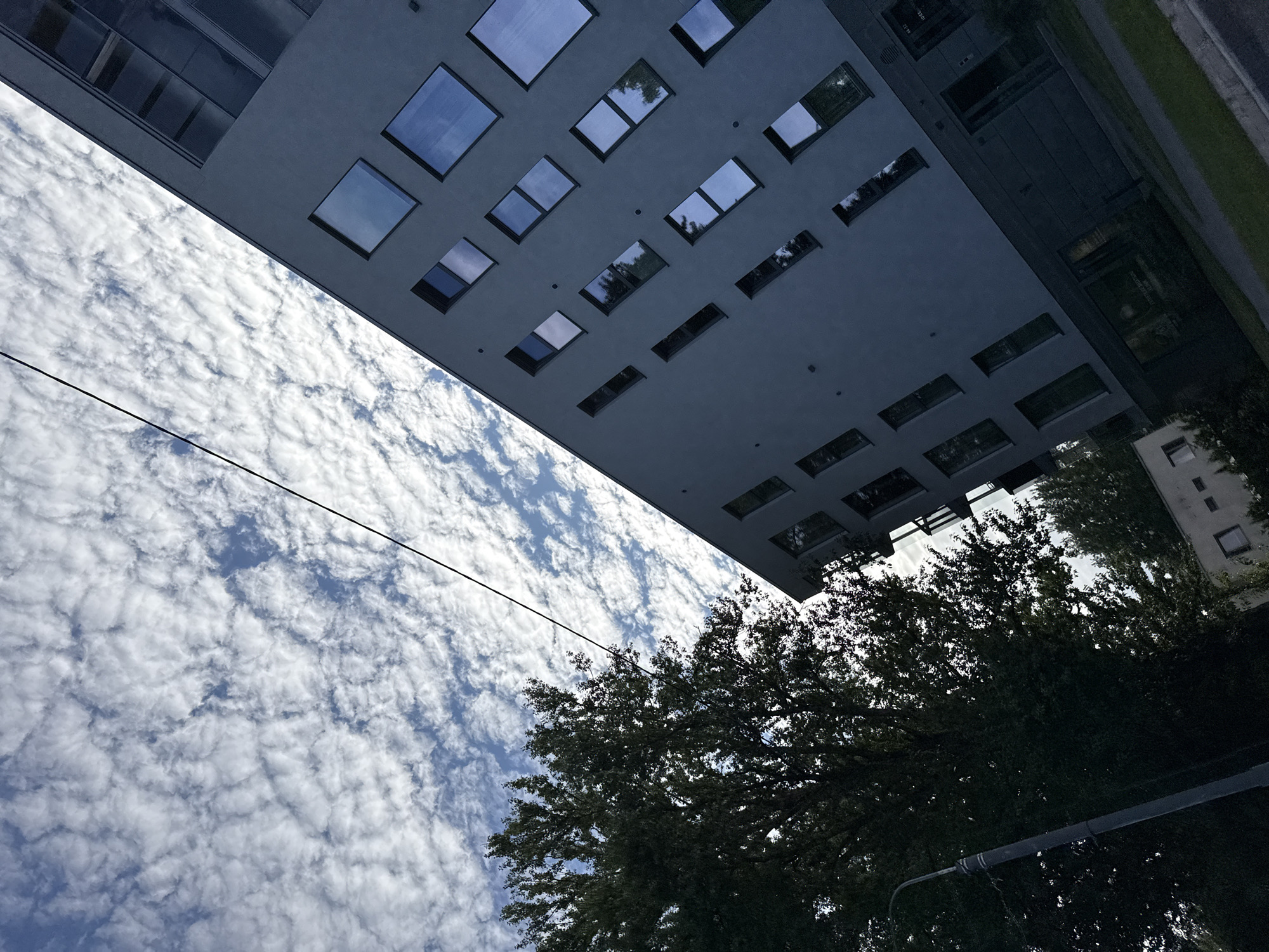 This is a low-angle, wide shot of a modern building with a gray facade and numerous rectangular windows. The building dominates the upper portion of the frame, appearing to jut out over the viewer. Below the building, a dense canopy of dark green trees fills the lower half of the image. The sky above is a vibrant blue, filled with a dense, rippled pattern of white clouds, suggesting a partly cloudy day. A thin black wire stretches diagonally across the sky, originating from the left side of the frame and extending towards the right, above the tree line. The overall scene has a clean, architectural feel juxtaposed with the organic presence of the trees and the dynamic sky. The lighting suggests it is daytime, likely late morning or early afternoon, given the bright sky and the way light illuminates the clouds. There are no people visible. The composition is abstract, focusing on the interplay of geometric shapes, natural elements, and the vastness of the sky. Some faint text is visible on the side of the building in the upper right, but it is illegible.