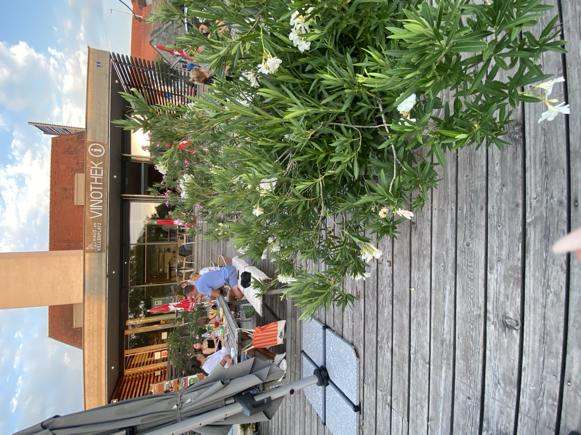 This image captures a scene outside the Vinothek at Haus am Kellerplatz in Purbach, Austria. In the foreground, a wooden deck is visible, with a large gray umbrella stand and a portion of a closed umbrella to the left. A dense green bush with white flowers occupies the right side of the frame, obscuring some of the view of the building.
In the mid-ground, several people are seated at a wooden table on the deck, appearing to be dining or socializing. The building, identified by the sign "HAUS AM KELLERPLATZ VINOTHEK," features large glass windows and a modern architectural design with horizontal wooden louvers. Red umbrellas are also visible, providing shade over some of the outdoor seating areas. The sky above is partly cloudy with a warm, late afternoon light. The overall setting suggests a casual, outdoor dining or drinking establishment.
