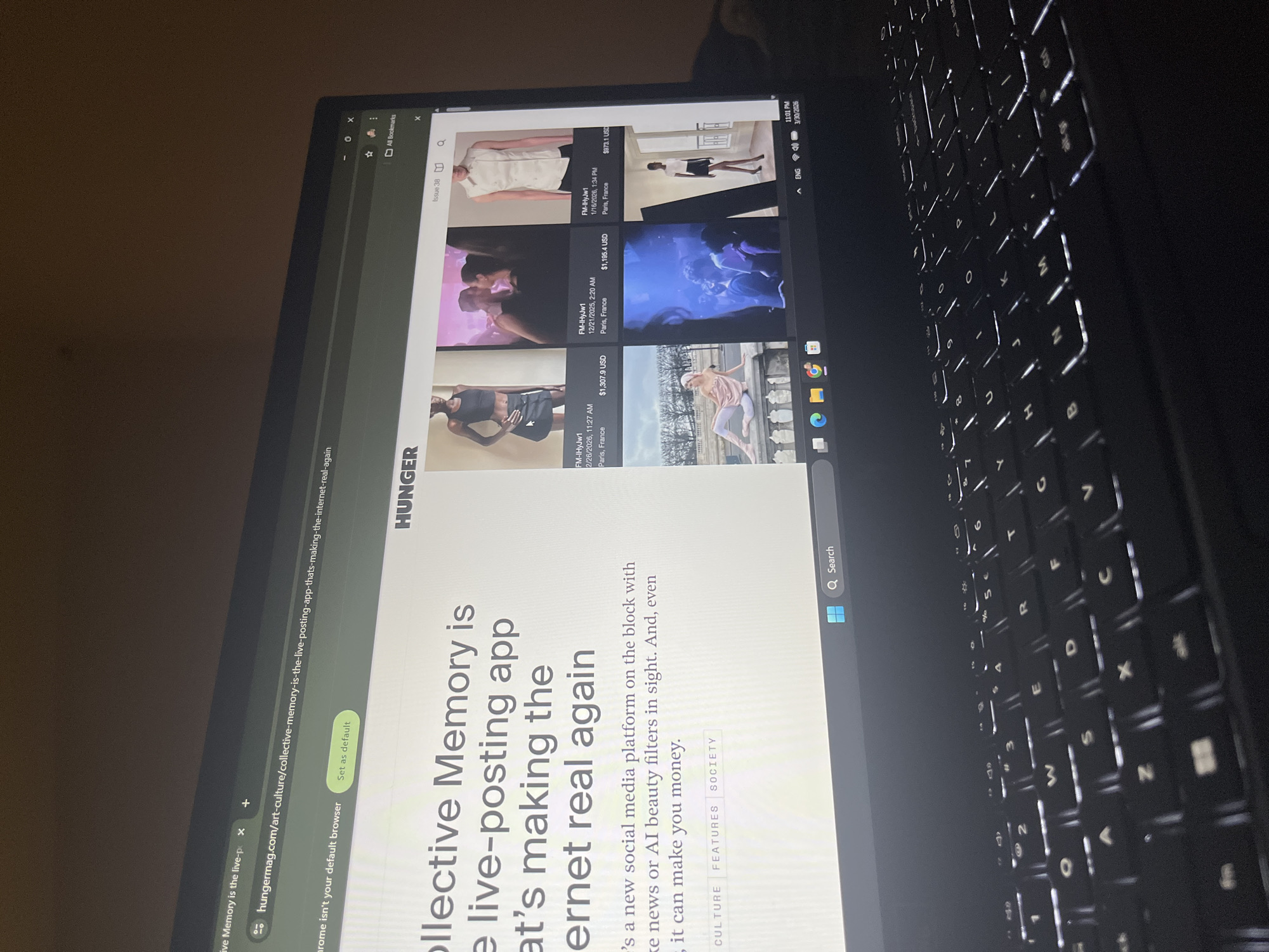 The image shows a laptop displaying a web page on the Hungermag website. The article's title is "Collective Memory is the live-posting app that's making the internet real again". The laptop has a black keyboard with illuminated keys. The top right of the screen shows the time as 11:01 PM on March 30, 2026. The URL in the browser address bar is hungermag.com/art-culture/collective-memory-is-the-live-posting-app-thats-making-the-internet-real-again.
The image does not contain any information to suggest its location is in Sofia, Bulgaria.