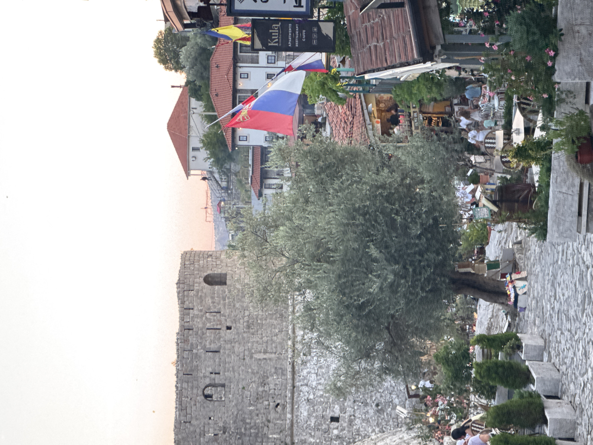 The image depicts a street scene in Bartula, Montenegro, with a fortified stone structure dominating the left side of the frame. In the foreground, a cobblestone path leads past rows of potted evergreen trees. A large, mature tree with sprawling branches stands prominently in the middle ground, its trunk partially visible. Several people are scattered throughout the scene, some seated at tables in outdoor dining areas, others walking. Flags, including one with the Serbian tricolor, are displayed. Buildings with red tiled roofs and white walls are visible in the background, suggesting a Mediterranean architectural style. The sky is overcast with a soft, diffused light.