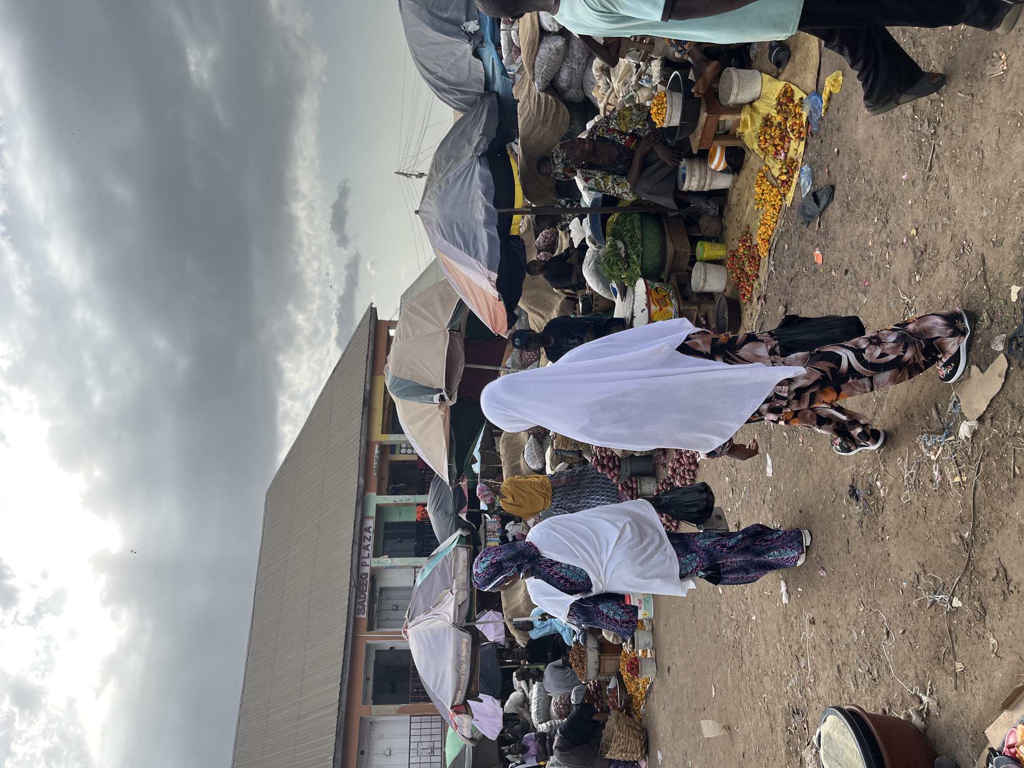 In Rafin Par, Nigeria, a busy outdoor market unfolds beneath a cloudy sky. The scene is dominated by stalls laden with produce and goods, with people browsing and interacting. The ground is a mix of dirt and debris, with scattered items like plastic bags and discarded materials. In the foreground, two women walk away from the camera. The woman on the left wears a white headscarf and a patterned dress with blue, pink, and black designs. The woman on the right is also covered in a white headscarf, her patterned dress featuring brown, black, and orange floral motifs. Other individuals are visible in the background, some seated at stalls, others standing or walking through the market. Umbrellas provide shade over some of the vendor setups. The architecture of the "SADEQ PLAZA" building is visible in the background, indicating a commercial area within the city. The market appears to be a hub of activity, with a focus on fresh produce such as tomatoes and onions, as well as other unidentified items displayed in baskets and sacks.
