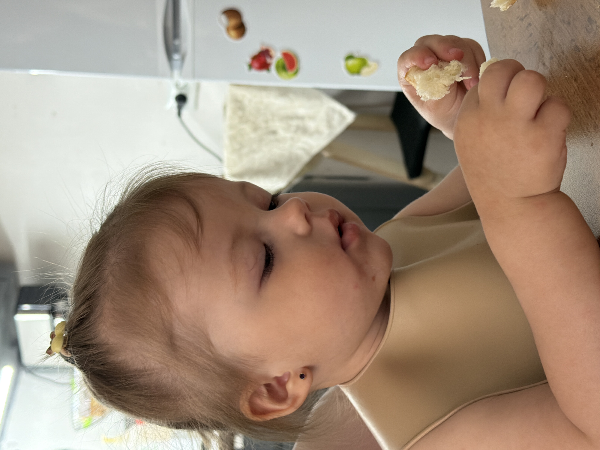 A baby wearing a bib is holding pieces of bread in their hands. The location is not specified, nor can it be inferred.