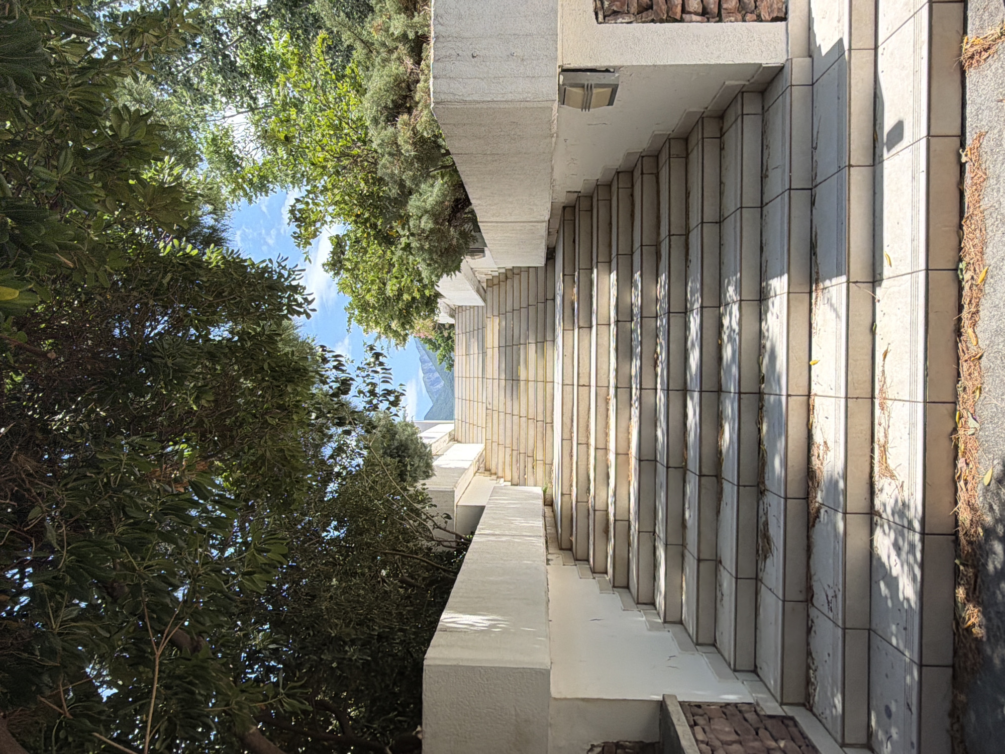 A long, light-colored tiled staircase descends, flanked by a white concrete railing on the left. Lush green trees and vegetation are visible beside and above the staircase. In the distance, a sliver of blue sky and a mountain are visible. The location appears to be outdoors in an urban setting, possibly in Bar, Montenegro.