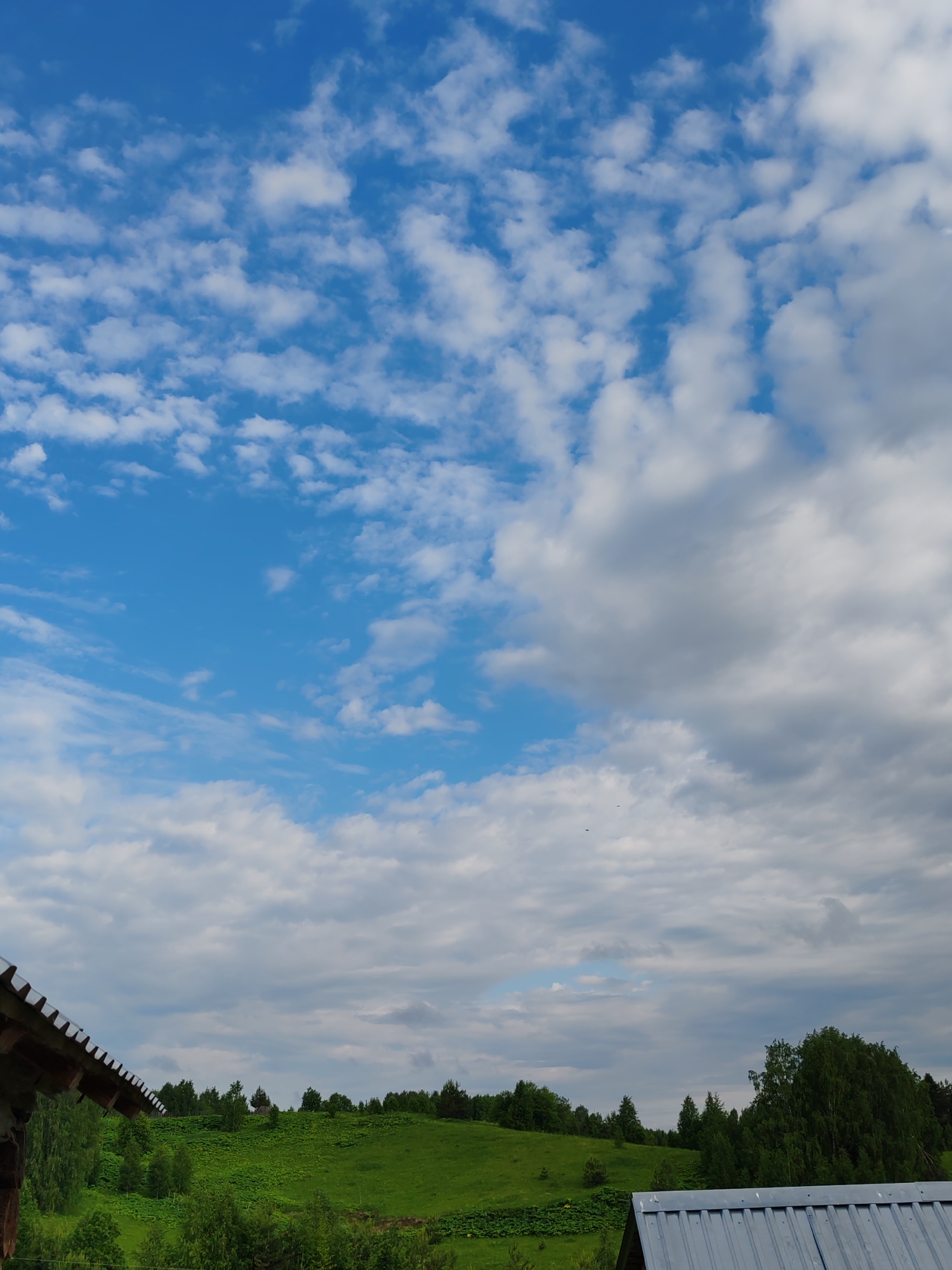 The image captures a rural landscape under a bright blue sky dotted with scattered white clouds. In the foreground, the edge of a wooden structure with a corrugated roof is visible on the left, and another corrugated metal roof of a building is on the right. The middle ground features a gently rolling green hill covered in lush vegetation, with a line of trees forming a dense border along the horizon. The environment appears to be natural and undeveloped, consistent with a rural setting like Чухлэм, Russia. There are no people or animals visible in the frame.